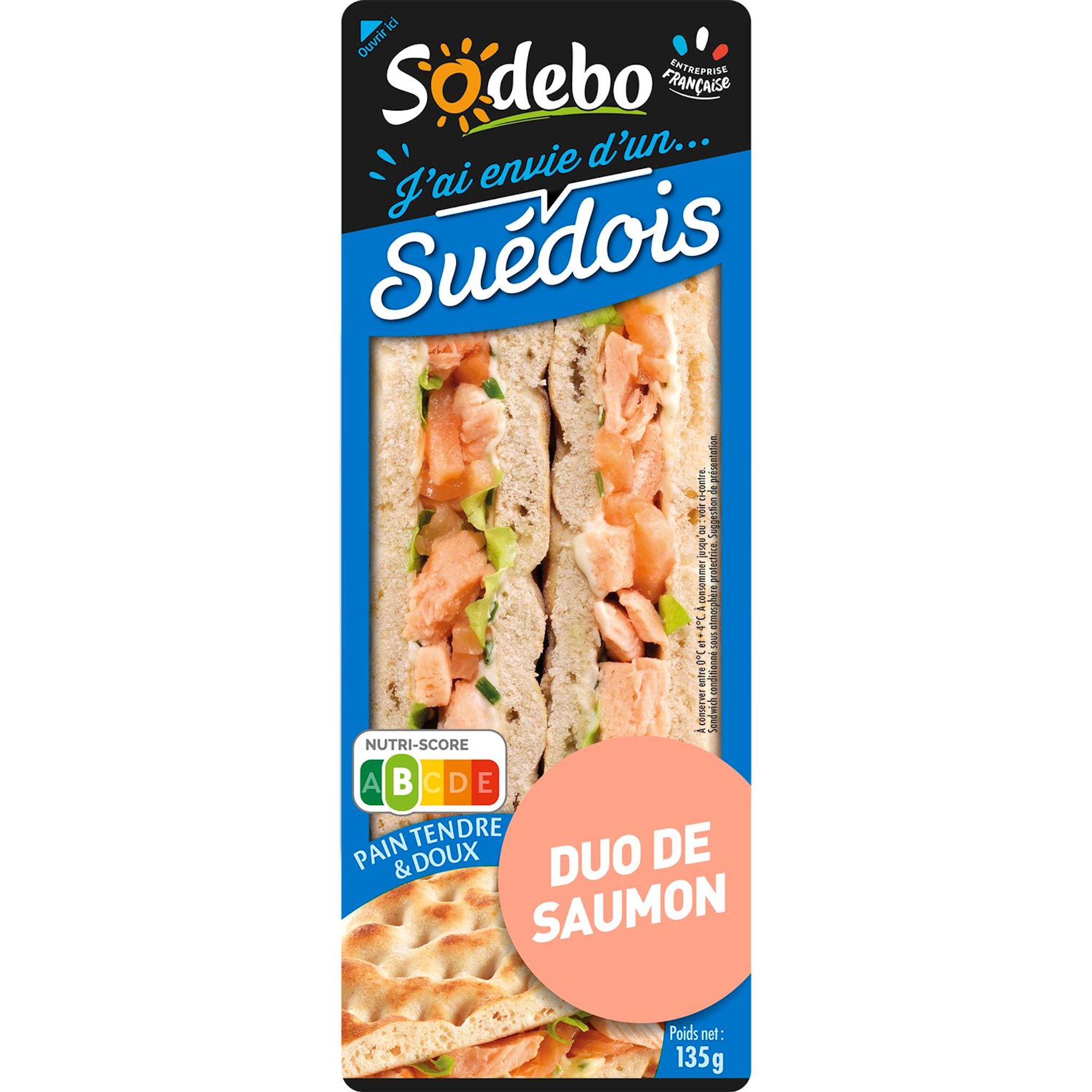 Voir la diapositive 2 : SODEBO Sandwich suédois duo de saumon 1 part 135g