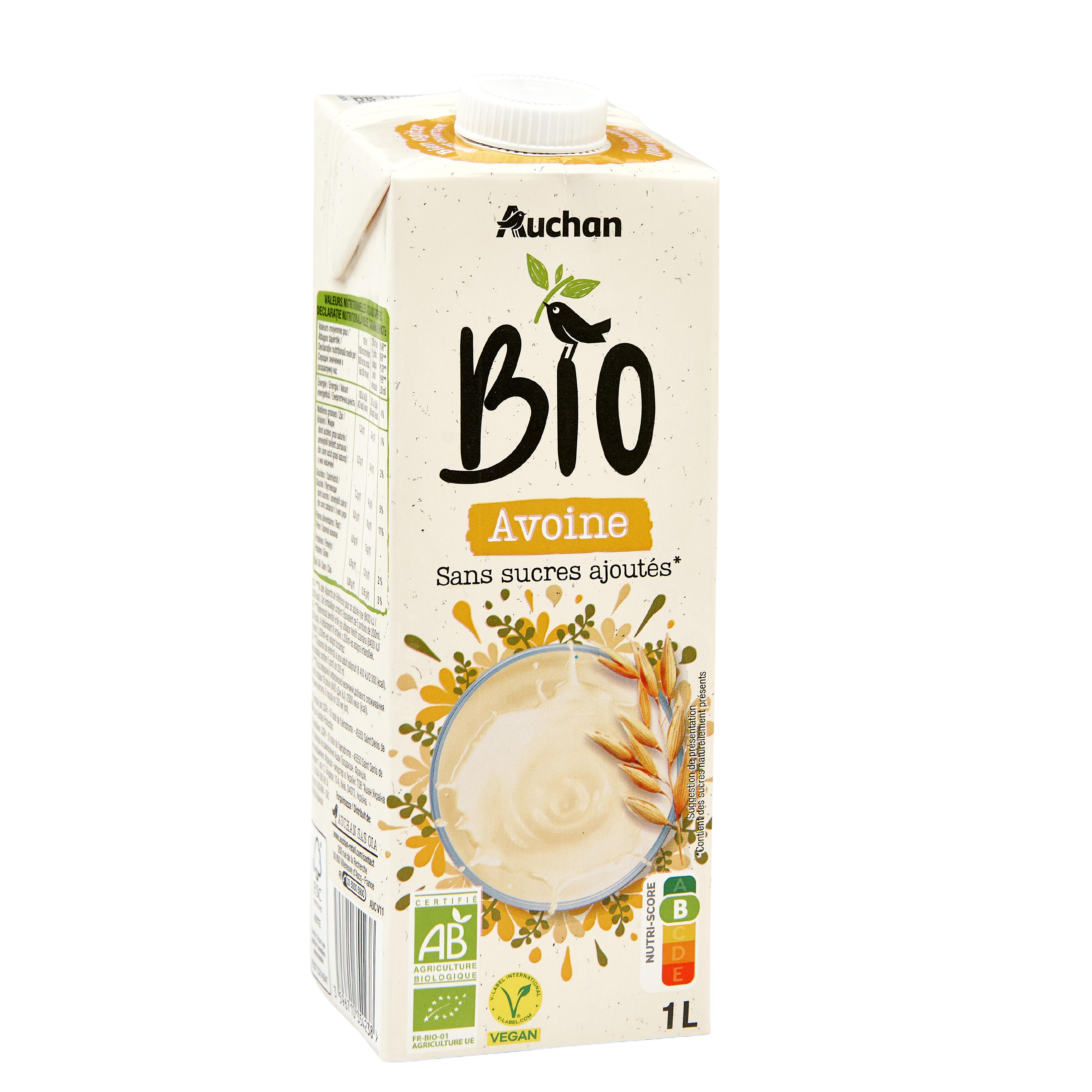 Voir la diapositive 2 : AUCHAN BIO Boisson à l'avoine sans sucres ajoutés bio 1l