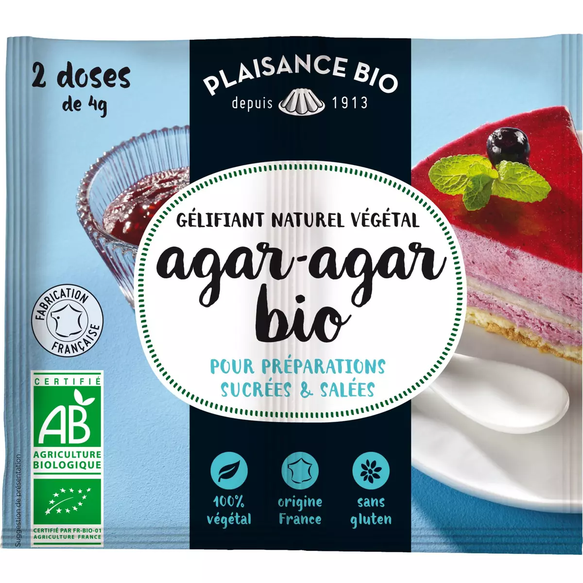 PLAISANCE BIO Gélifiant naturel végétal agar-agar pour préparations sucrées et salées sans gluten 2 sachets 2x4g