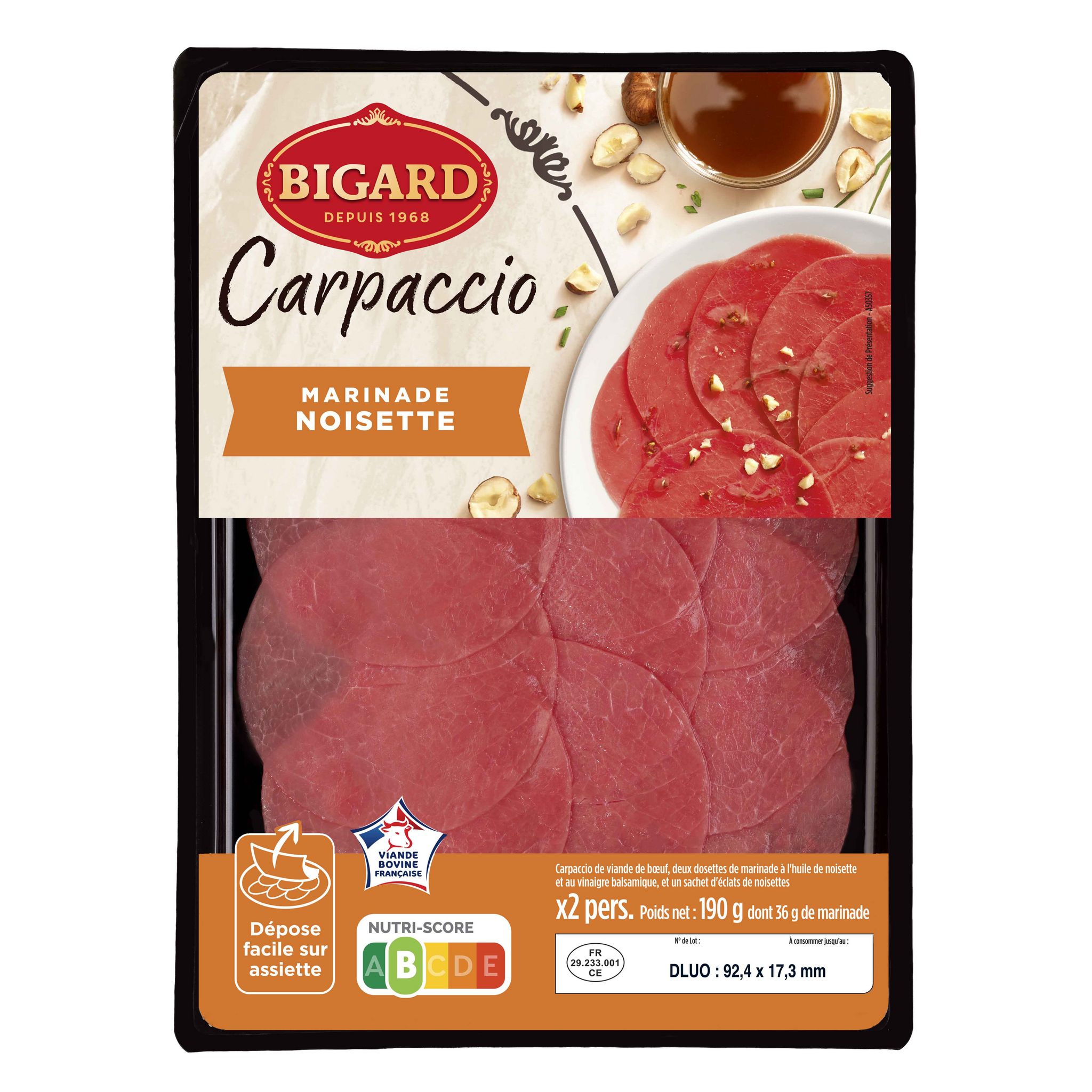 Voir la diapositive 2 : BIGARD Carpaccio de bœuf aux noisettes & sa marinade au Vinaigre Balsamique 190g