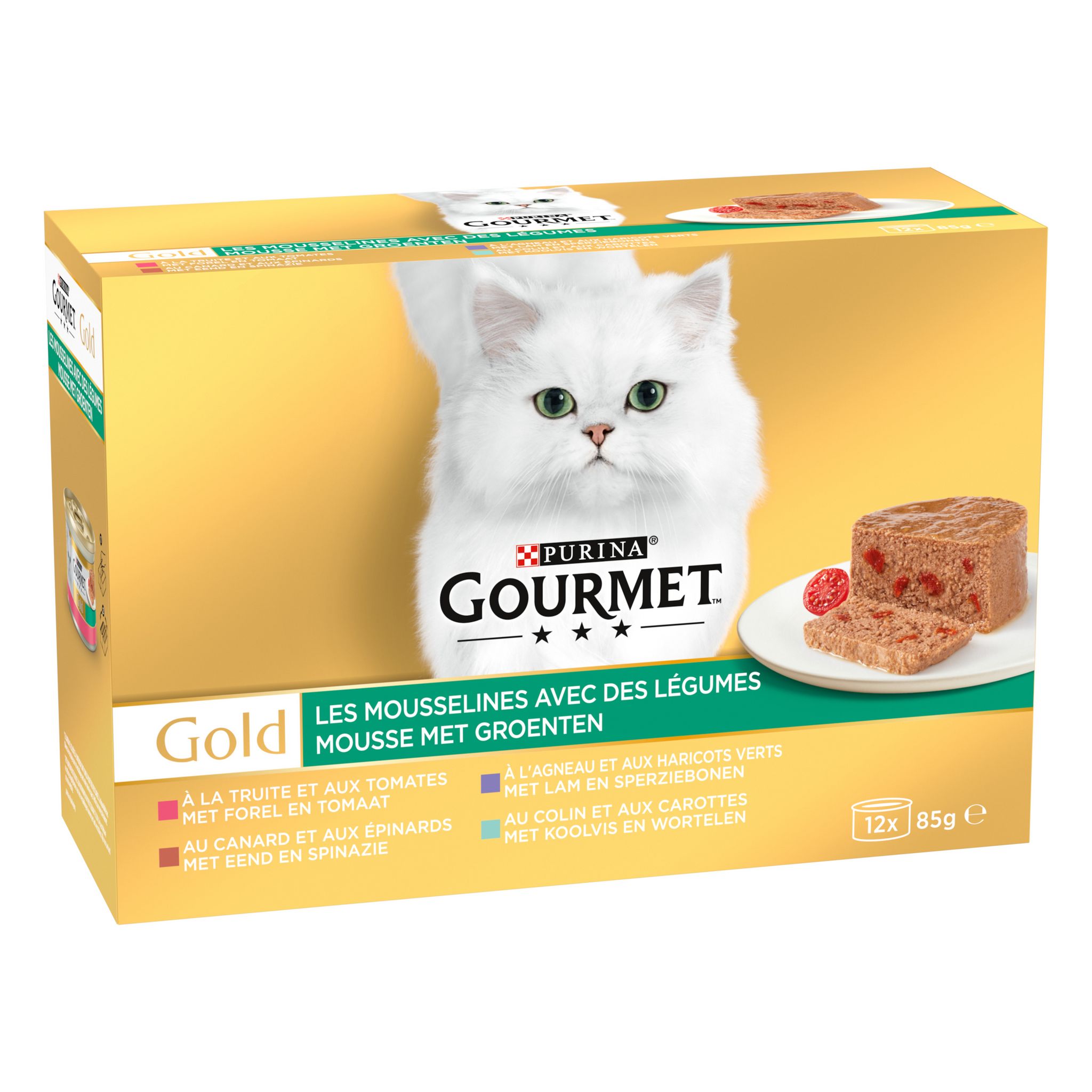 Voir la diapositive 2 : GOURMET Gold barquettes mousselines poissons et viandes avec légumes pour chat 12 sachets 12x85g