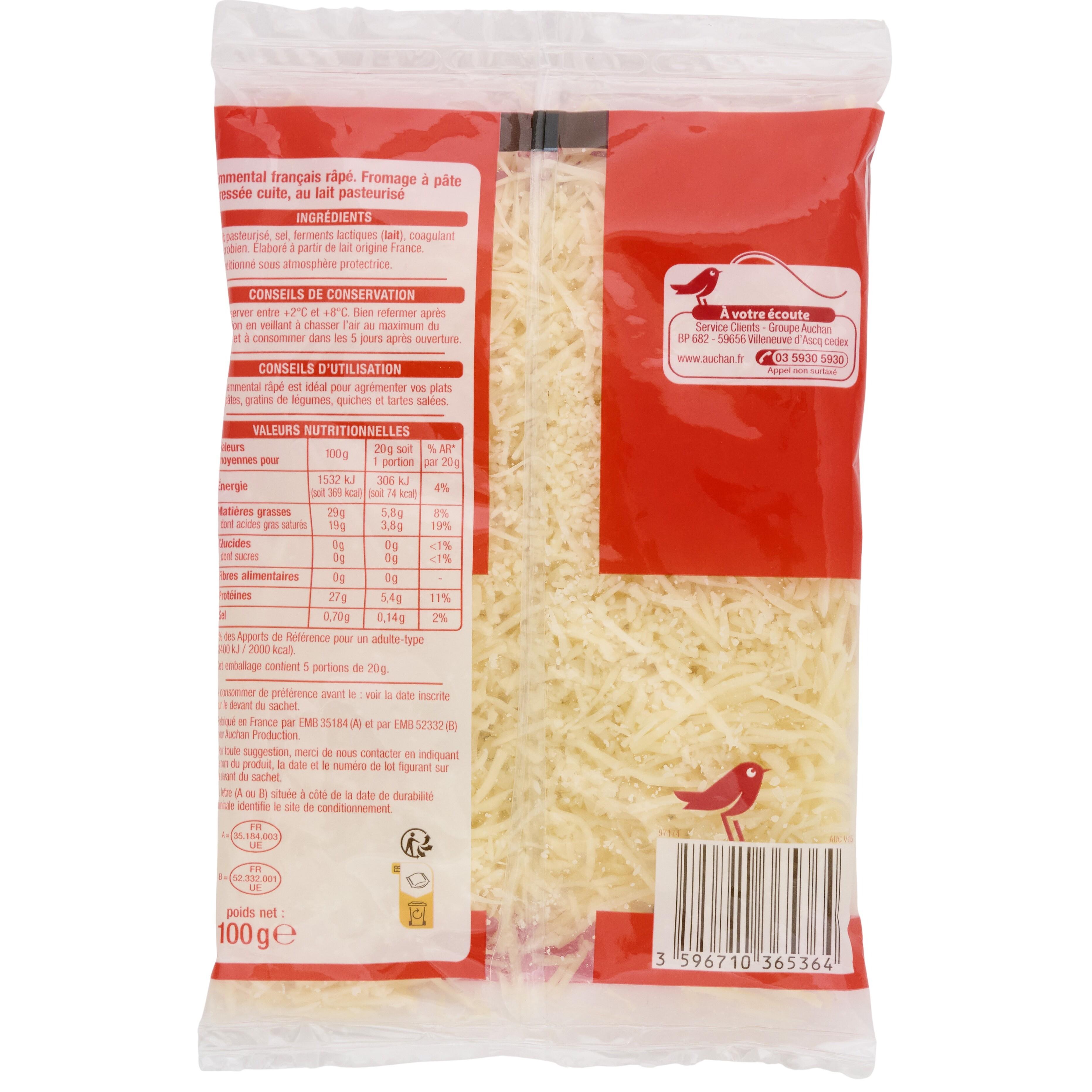 Voir la diapositive 2 : AUCHAN Emmental râpé français 100g