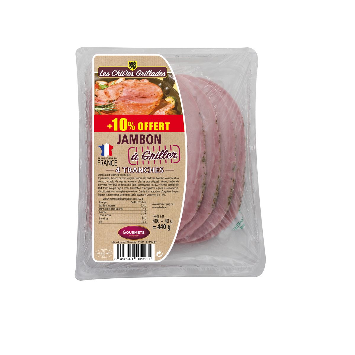 LES CHTI'TES GRILLADES Jambon en tranches à griller aux herbes 400g+10% offert 440g