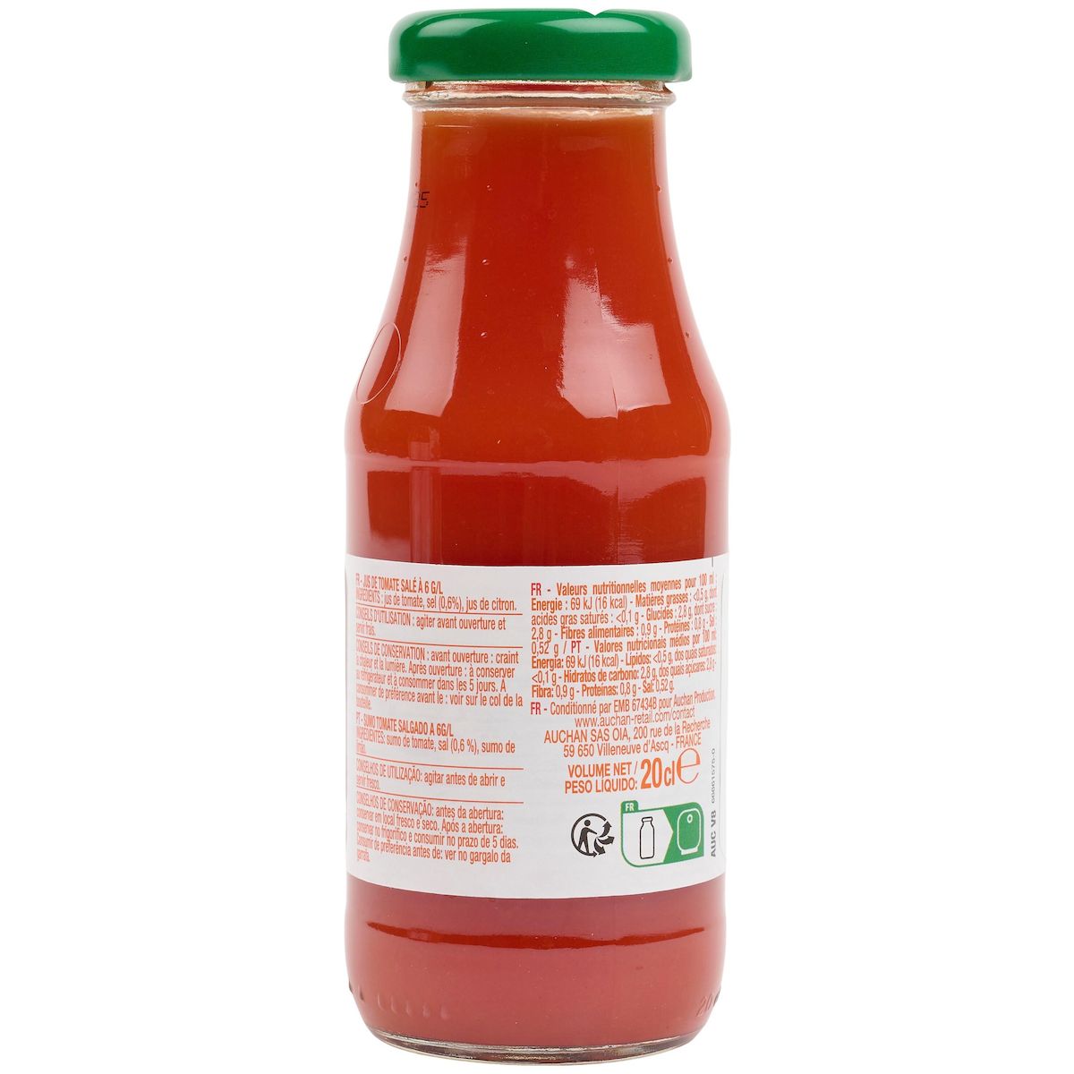 AUCHAN Jus de tomate bouteille en verre 20cl