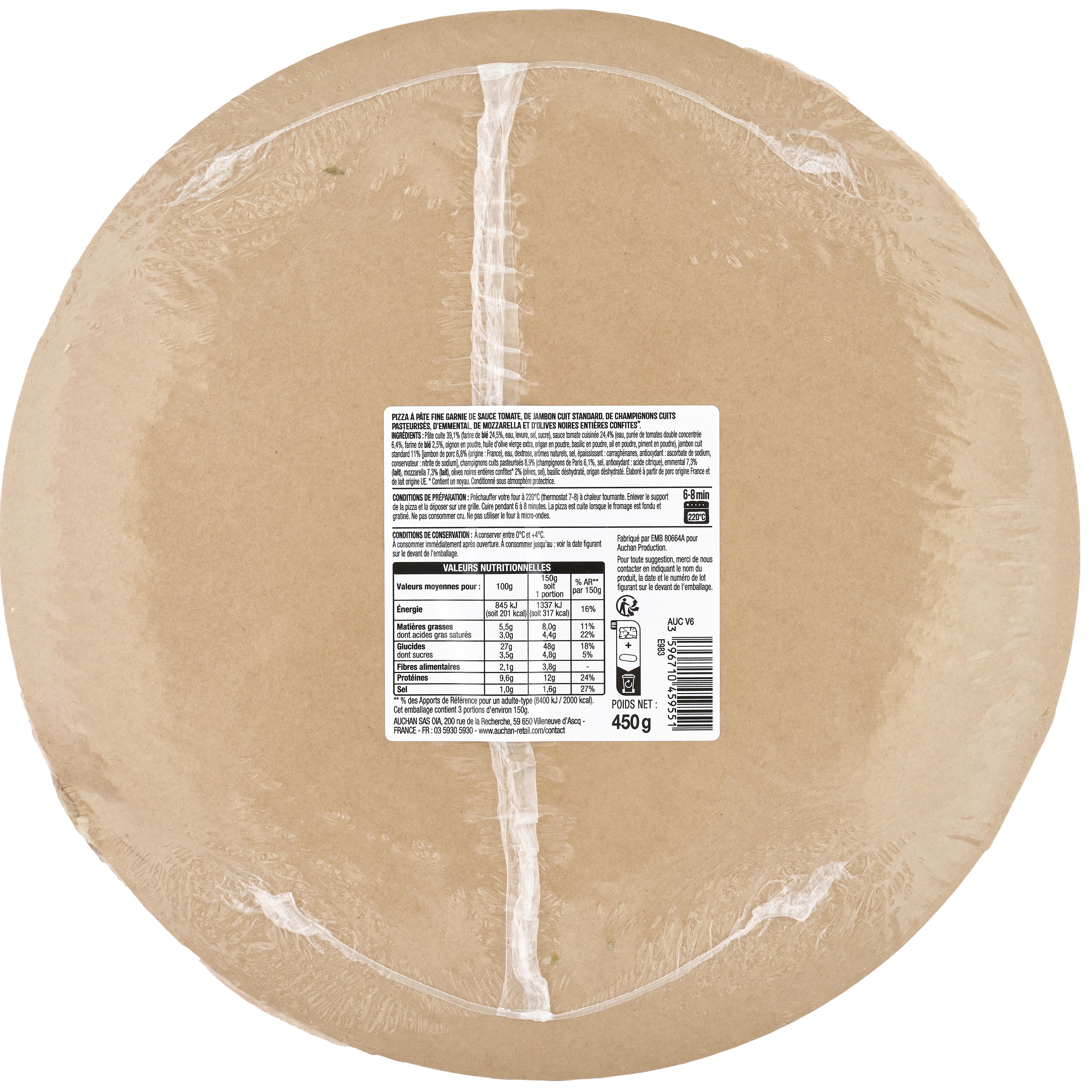 Voir la diapositive 2 : AUCHAN Pizza reine au jambon et aux champignons 450g