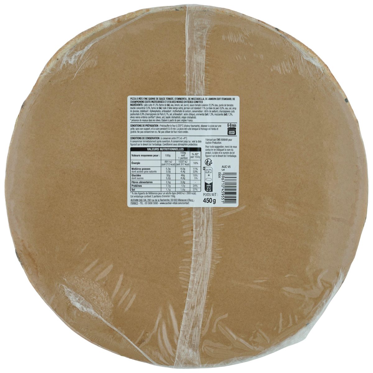 AUCHAN Pizza reine au jambon et aux champignons 450g