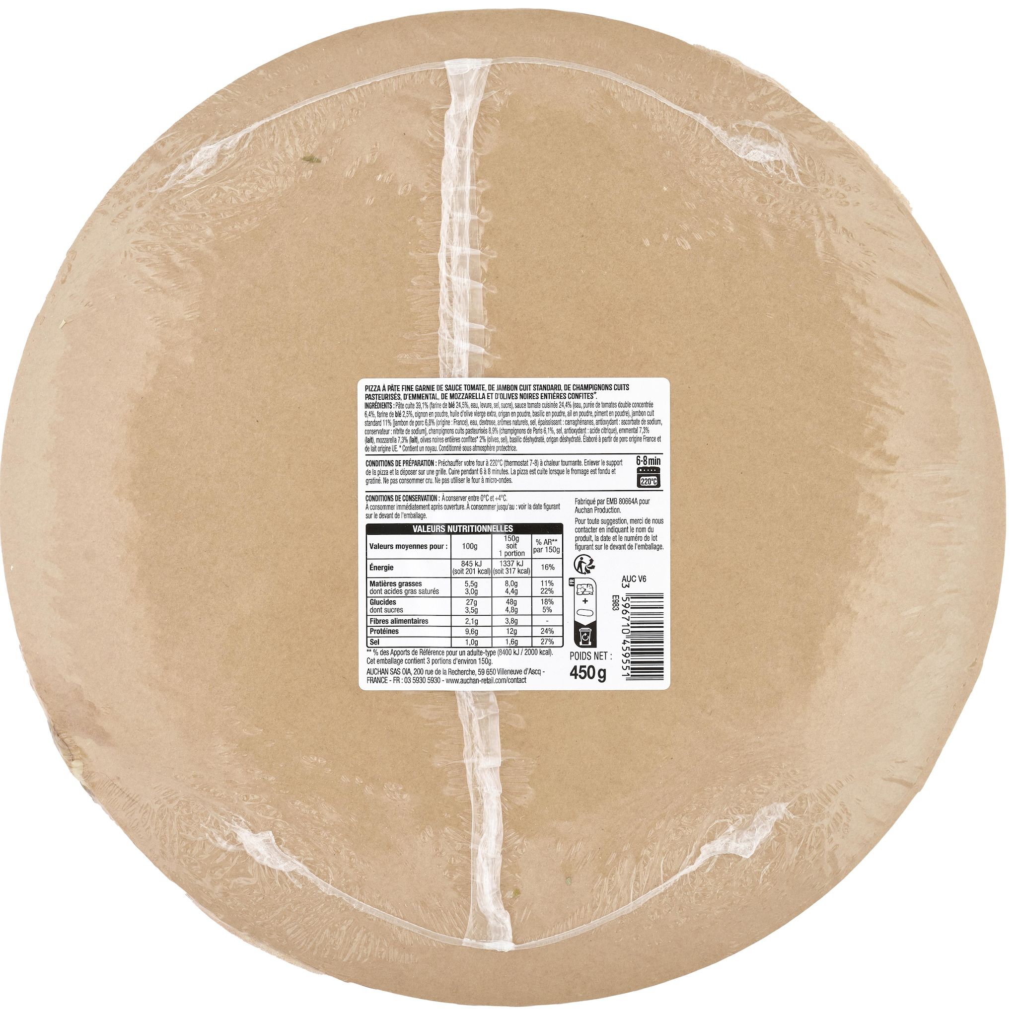 Voir la diapositive 2 : AUCHAN Pizza reine au jambon et aux champignons 450g