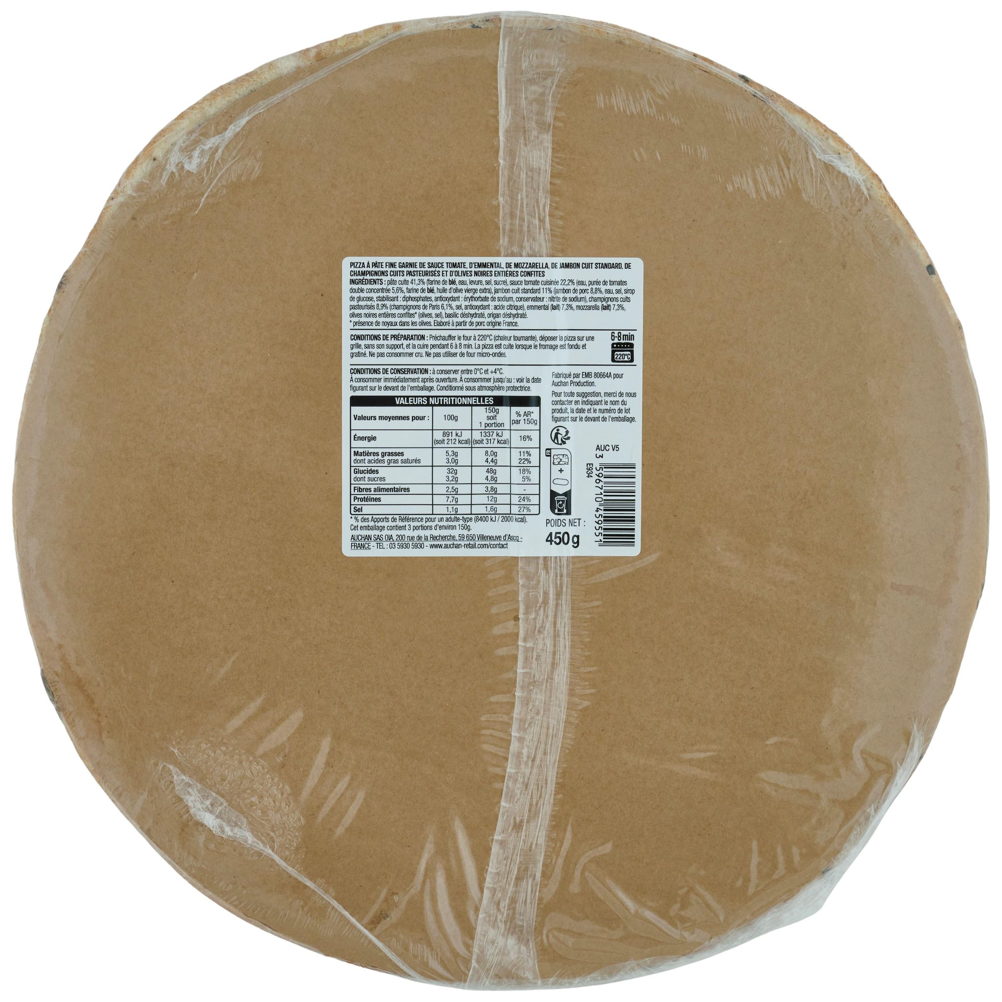 Voir la diapositive 3 : AUCHAN Pizza reine au jambon et aux champignons 450g