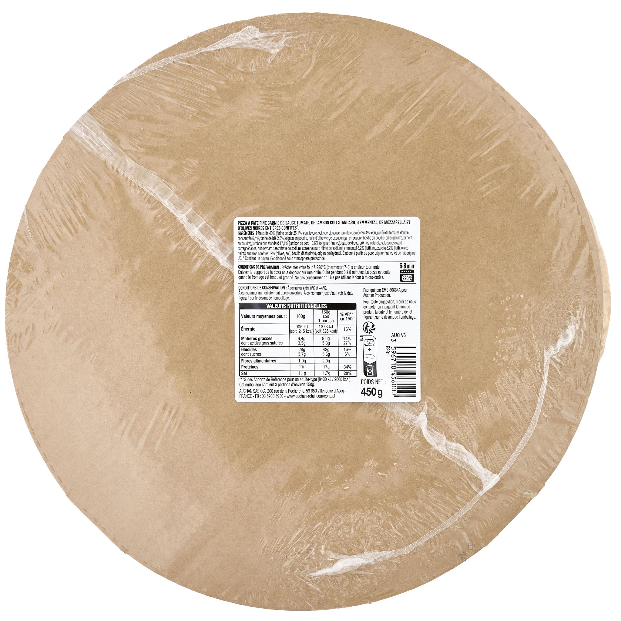 Voir la diapositive 2 : AUCHAN Pizza au jambon et au fromage 450g