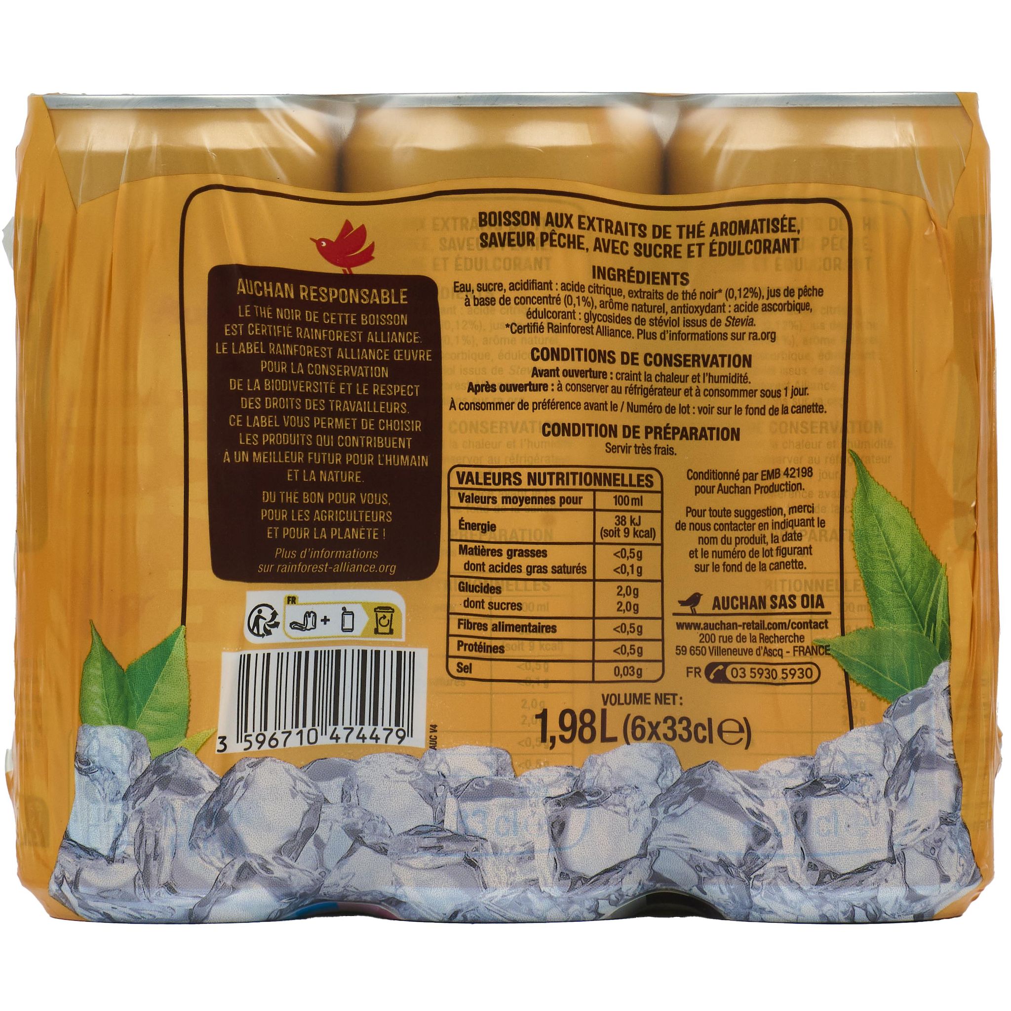 Voir la diapositive 3 : AUCHAN Thé glacé à la pêche boîtes 6x33cl