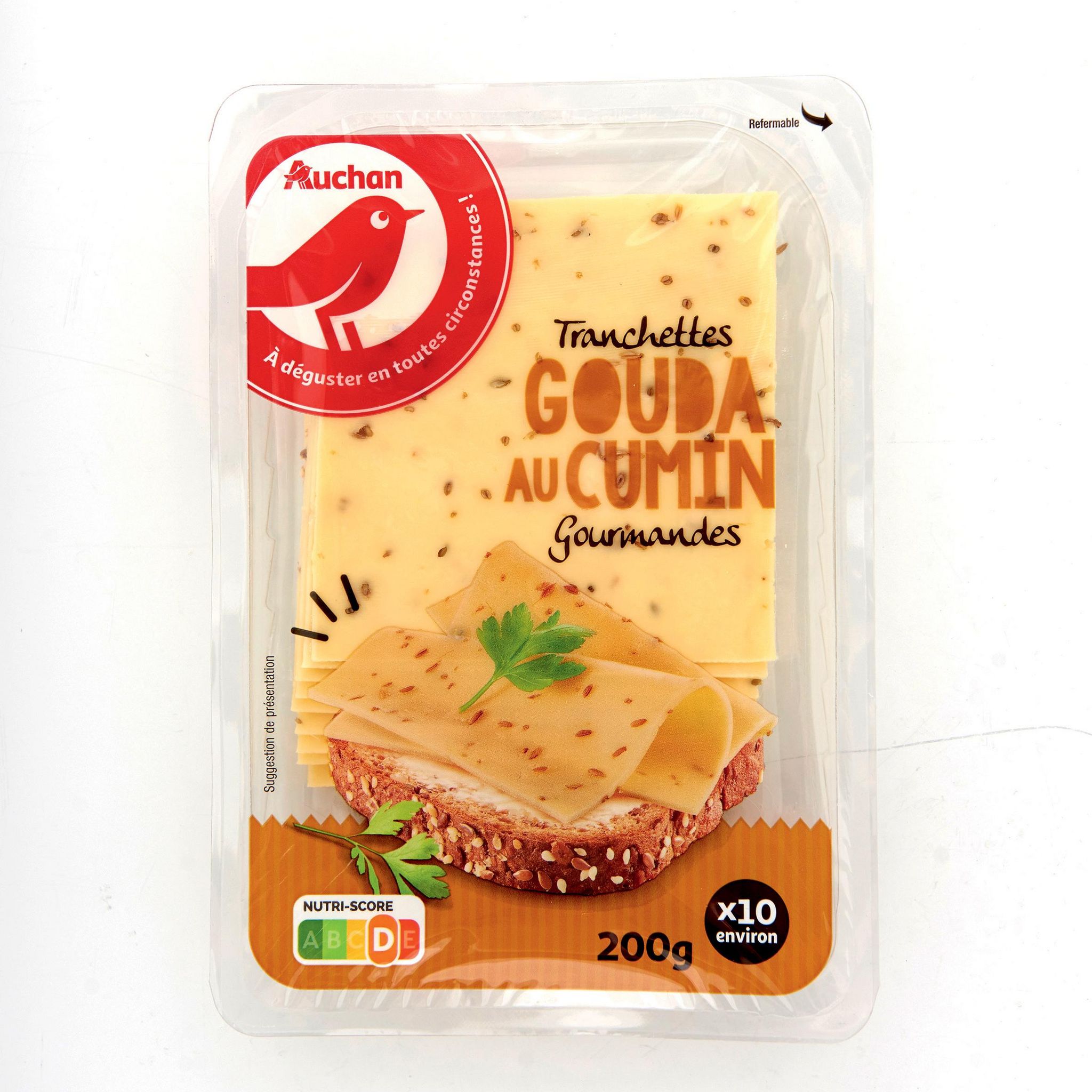 Voir la diapositive 2 : AUCHAN Gouda au cumin en tranche 10 tranches 200g