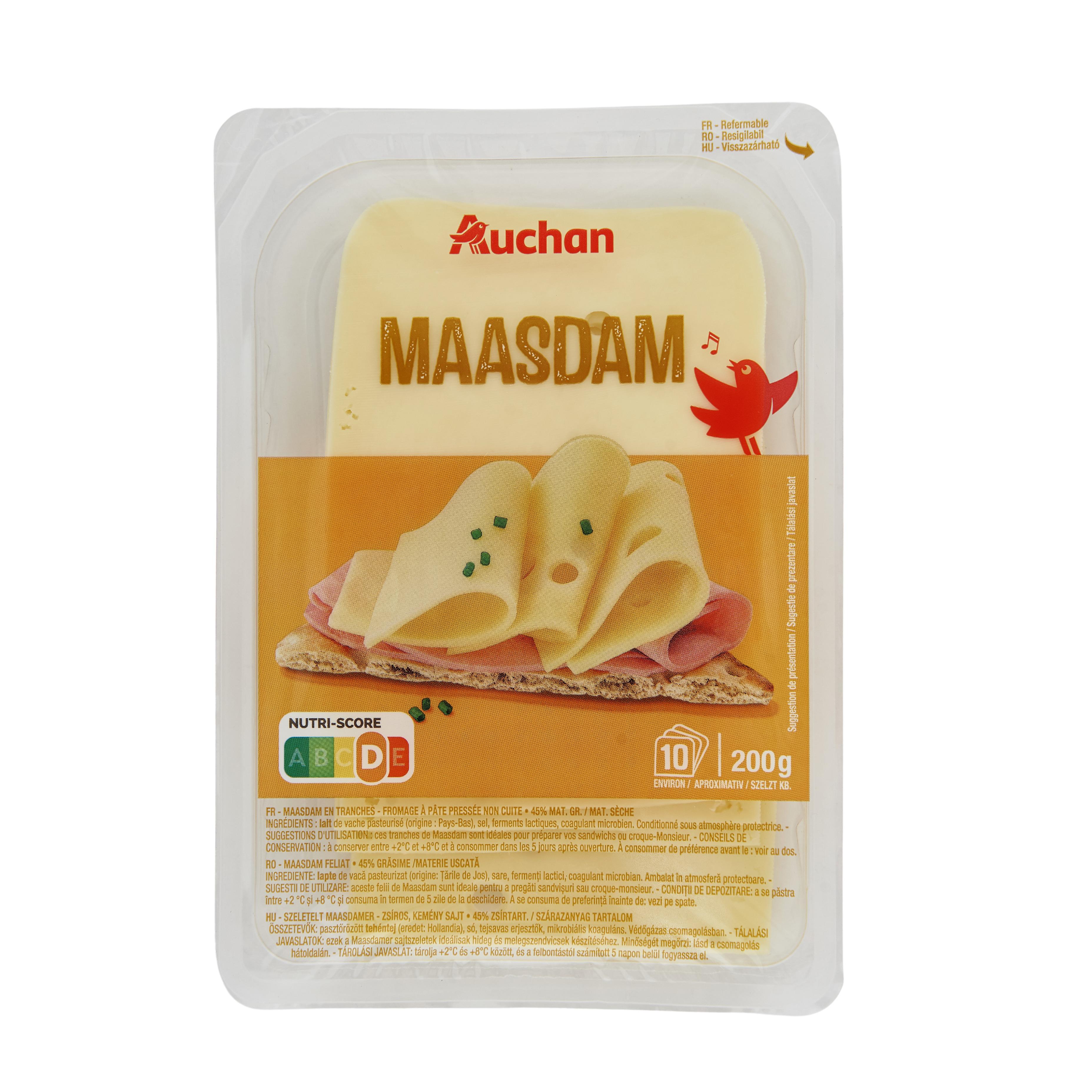 Voir la diapositive 2 : AUCHAN Maasdam en tranche 10 tranches 200g