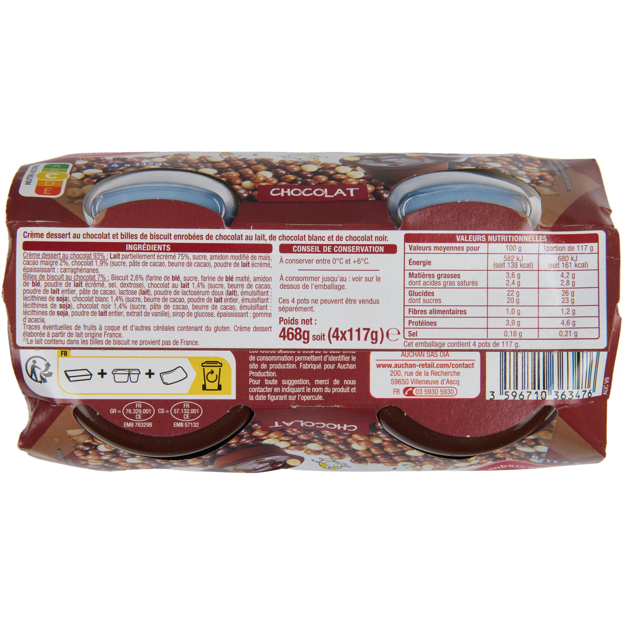 Voir la diapositive 2 : AUCHAN Choco' Crac - Crème dessert au chocolat et billes croquantes 4x117g