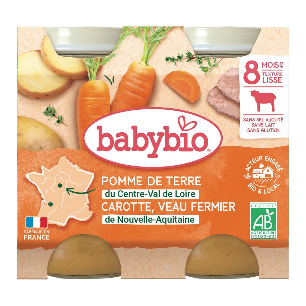 BABYBIO Petit pot pomme de terre carotte veau bio dès 8 mois 2x200g