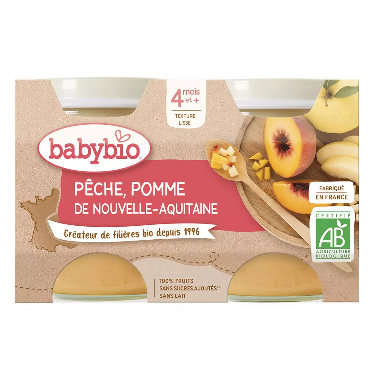 BABYBIO Petit pot dessert pomme pêche bio dès 4 mois 2x130g