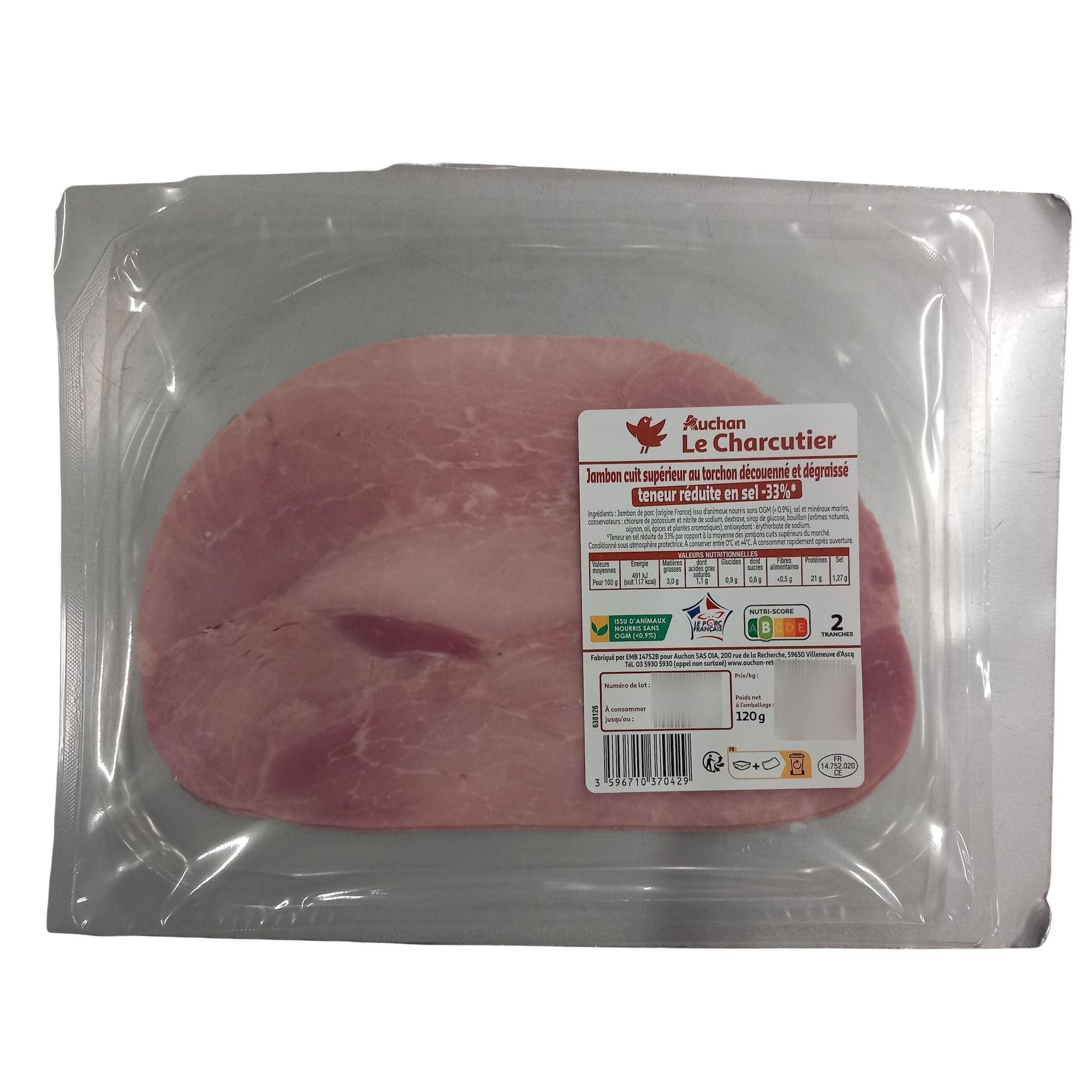 Voir la diapositive 2 : AUCHAN LE CHARCUTIER Jambon cuit dégraissé réduit en sel 2 tranches 110g