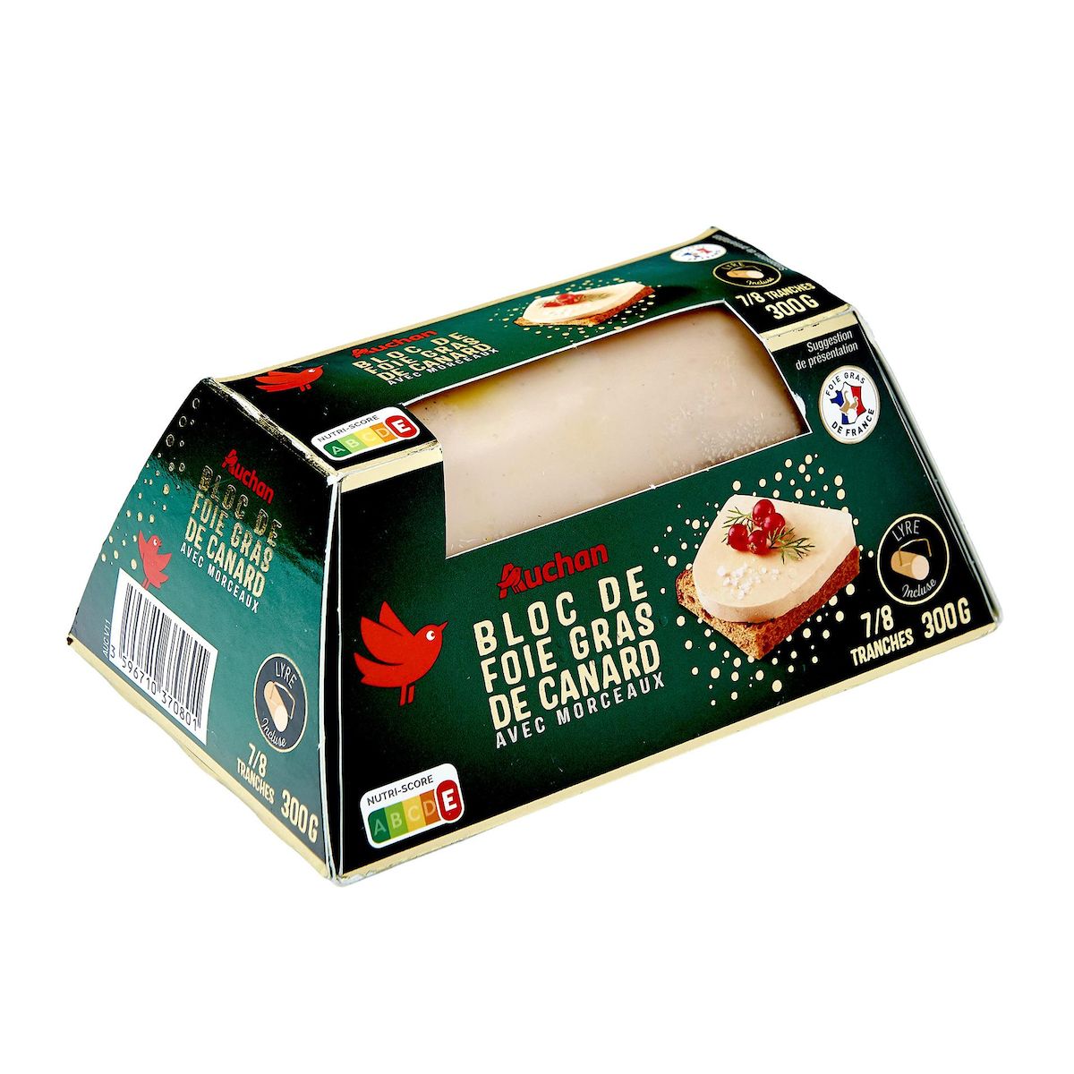 AUCHAN Bloc de Foie gras de canard du Sud-Ouest avec morceaux avec lyre 7/8 parts 300g