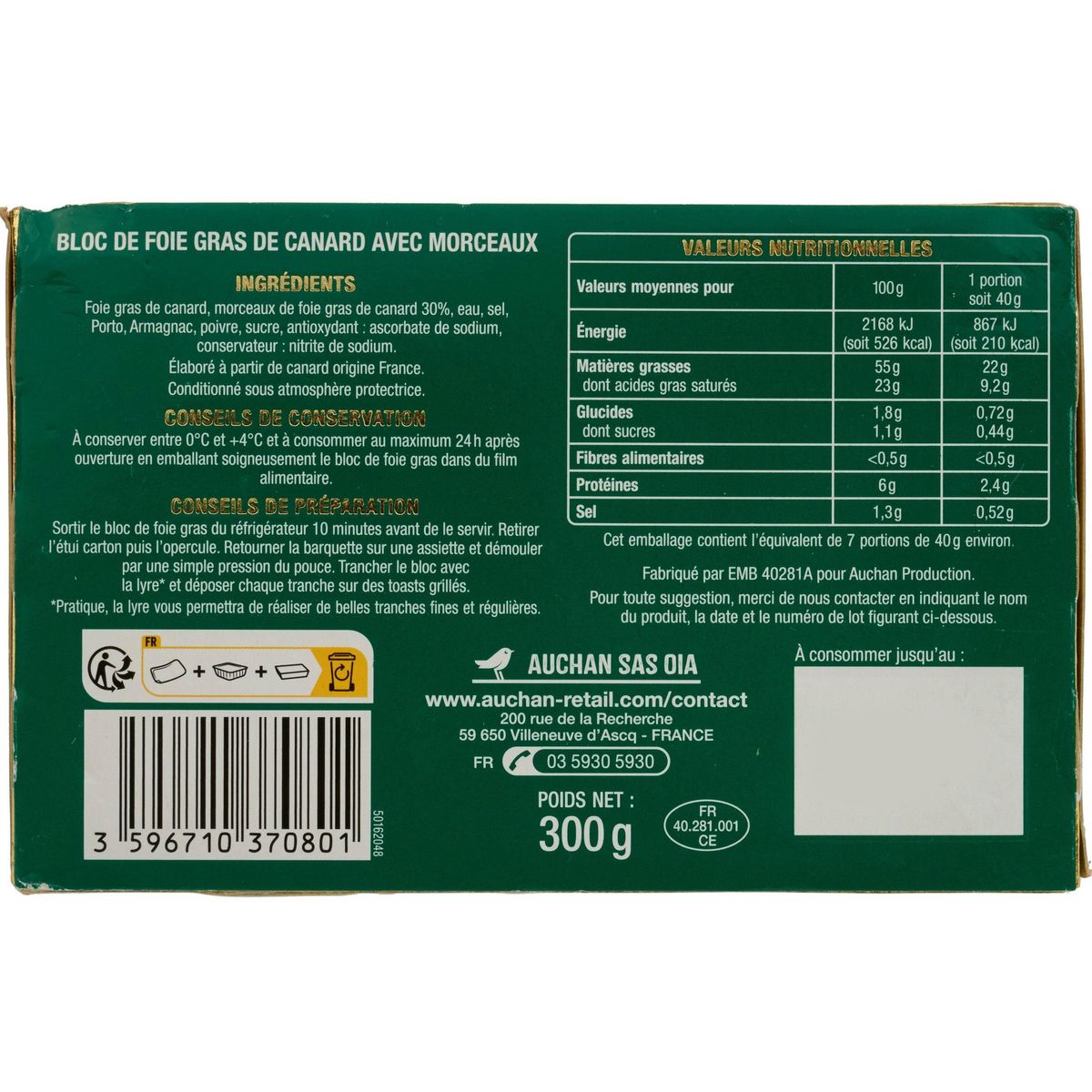 AUCHAN Bloc de Foie gras de canard du Sud-Ouest avec morceaux avec lyre 7/8 parts 300g