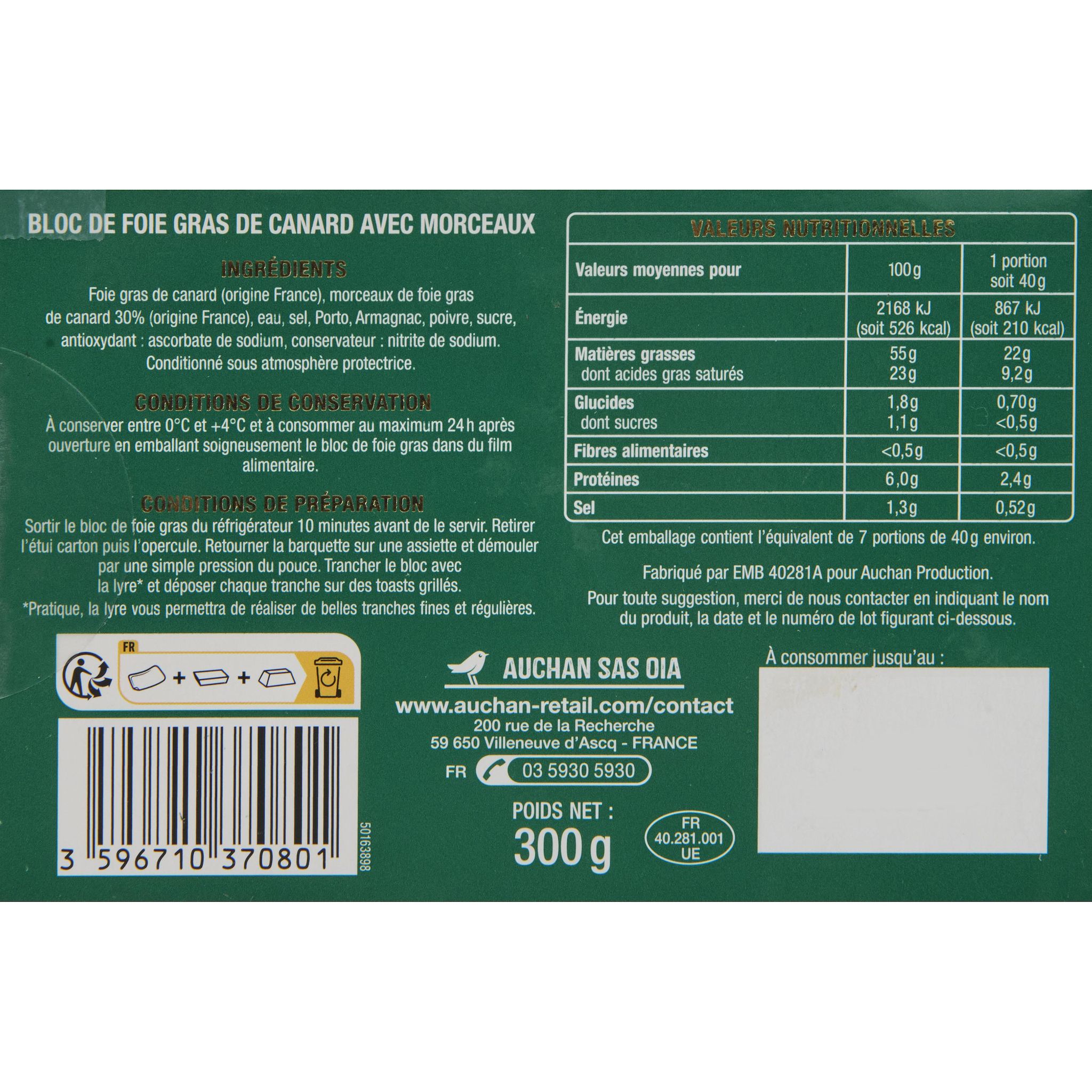 Voir la diapositive 4 : AUCHAN Bloc de Foie gras de canard du Sud-Ouest avec morceaux avec lyre 7/8 parts 300g