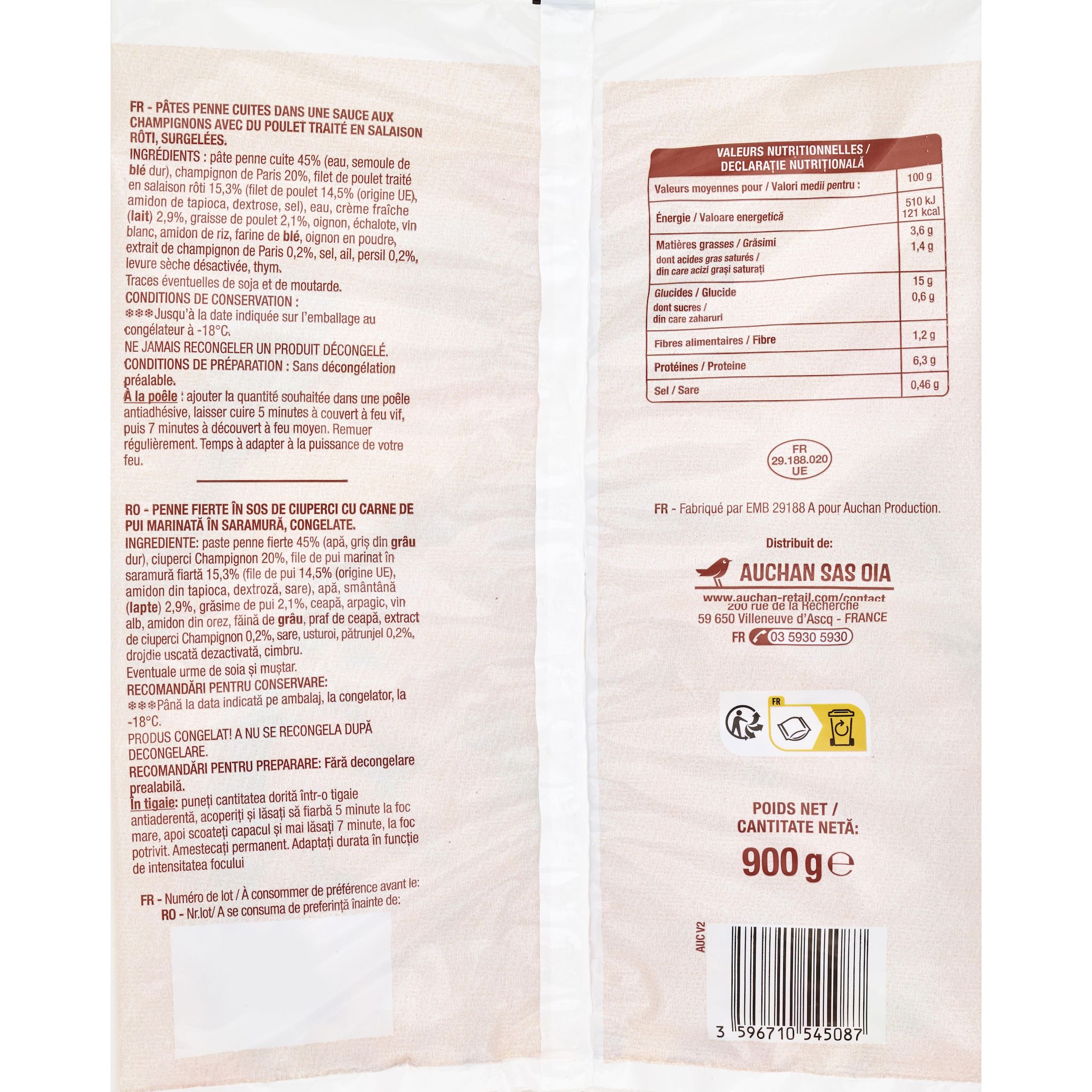 Voir la diapositive 2 : AUCHAN Penne au poulet champignons 3 portions 900g