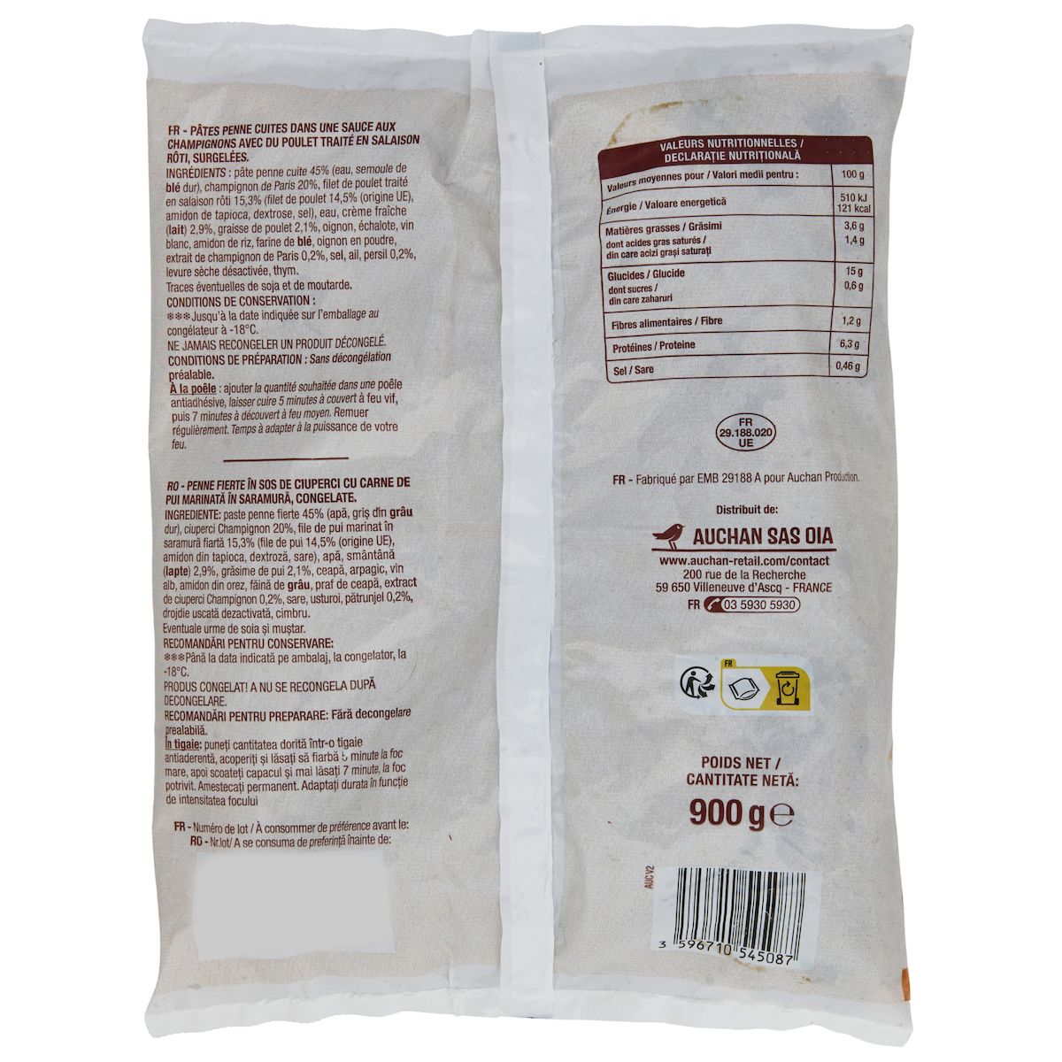 AUCHAN Penne au poulet champignons 3 portions 900g