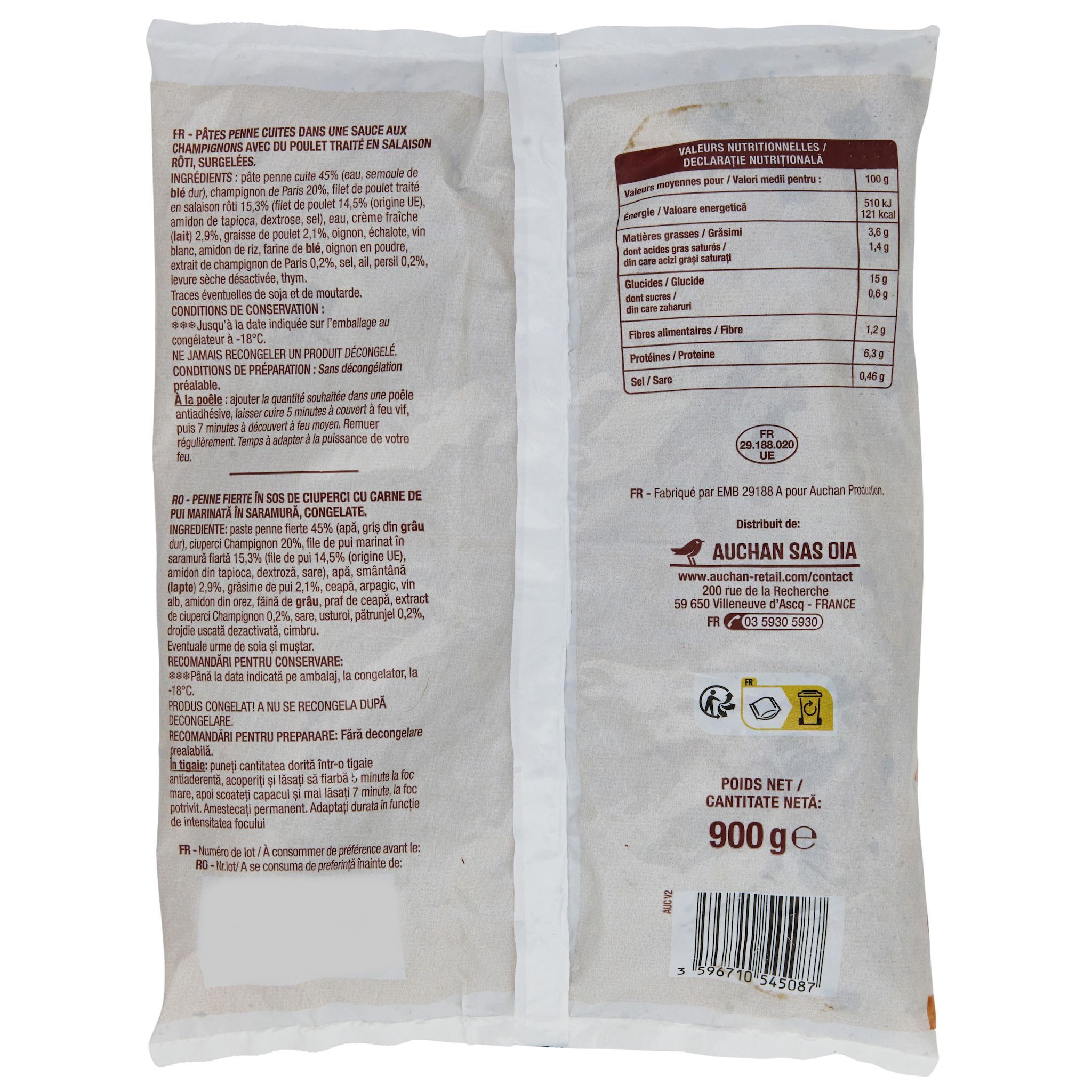 Voir la diapositive 3 : AUCHAN Penne au poulet champignons 3 portions 900g