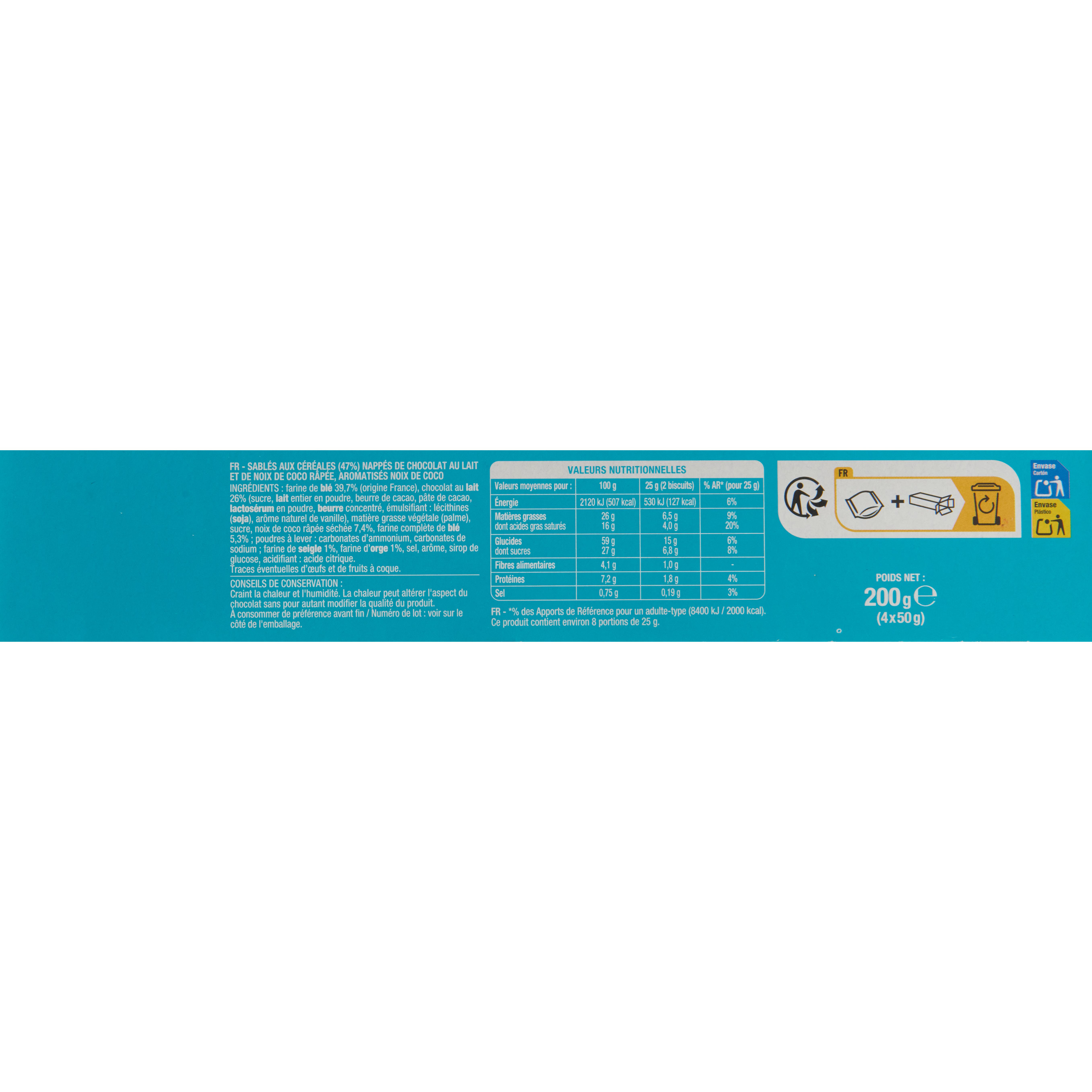 Voir la diapositive 2 : AUCHAN Biscuits sablés aux céréales nappés chocolat au lait saveur coco 4x4 biscuits 200g
