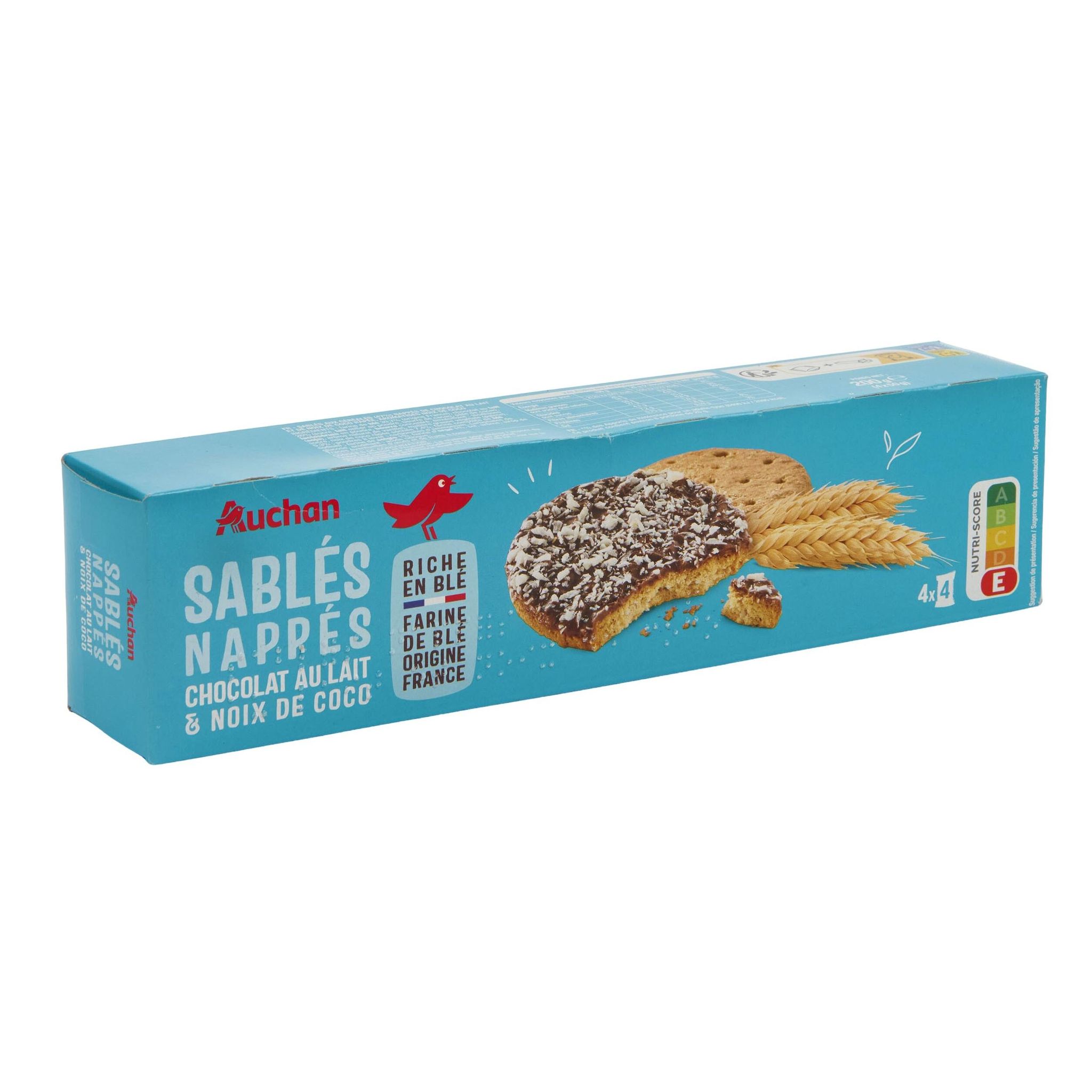 Voir la diapositive 2 : AUCHAN Biscuits sablés aux céréales nappés chocolat au lait saveur coco 4x4 biscuits 200g