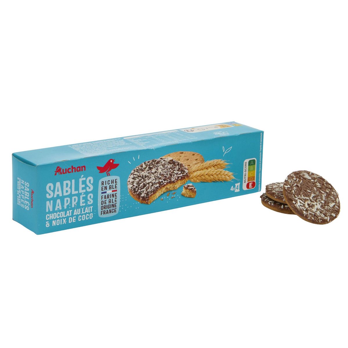 AUCHAN Biscuits sablés aux céréales nappés chocolat au lait saveur coco 4x4 biscuits 200g