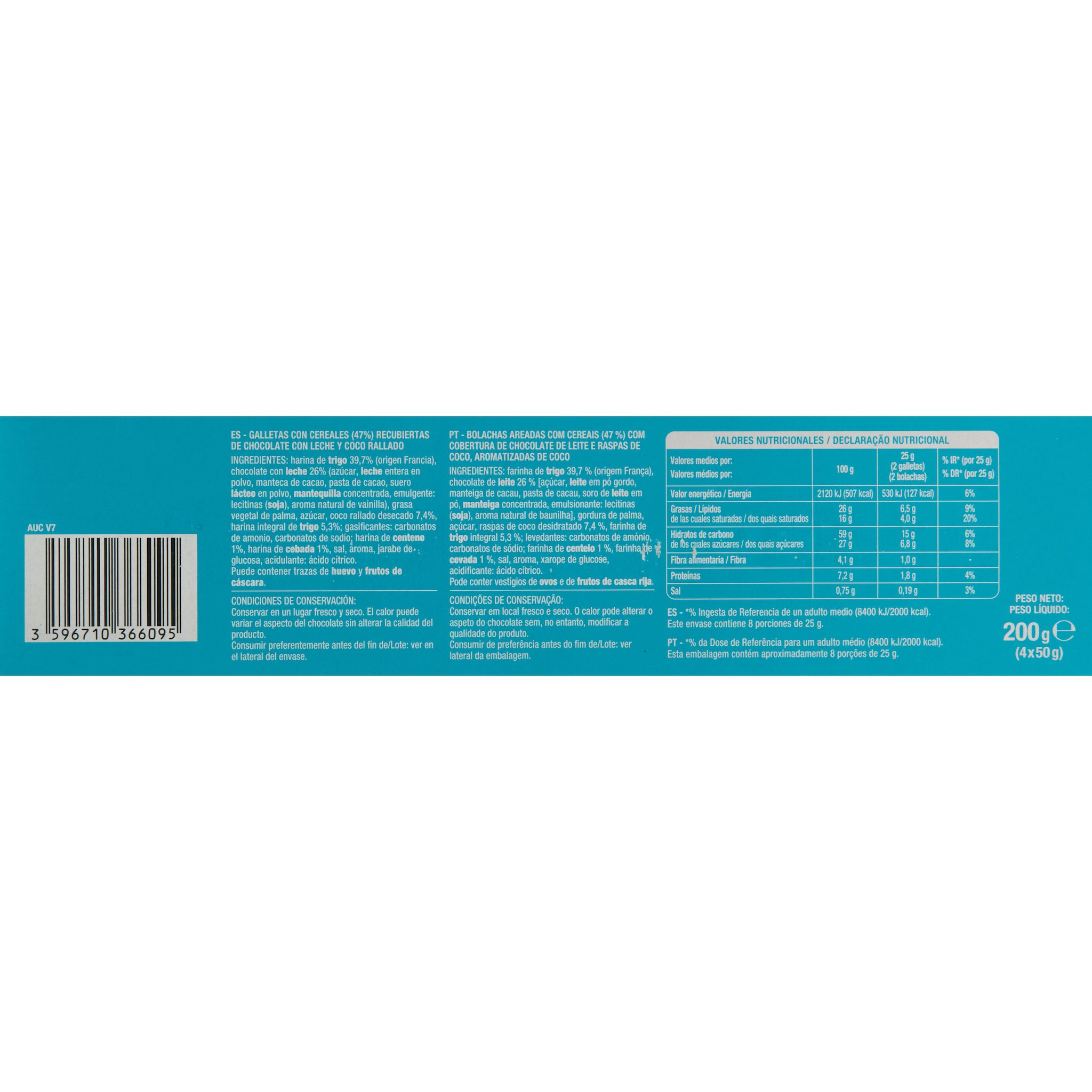 Voir la diapositive 4 : AUCHAN Biscuits sablés aux céréales nappés chocolat au lait saveur coco 4x4 biscuits 200g