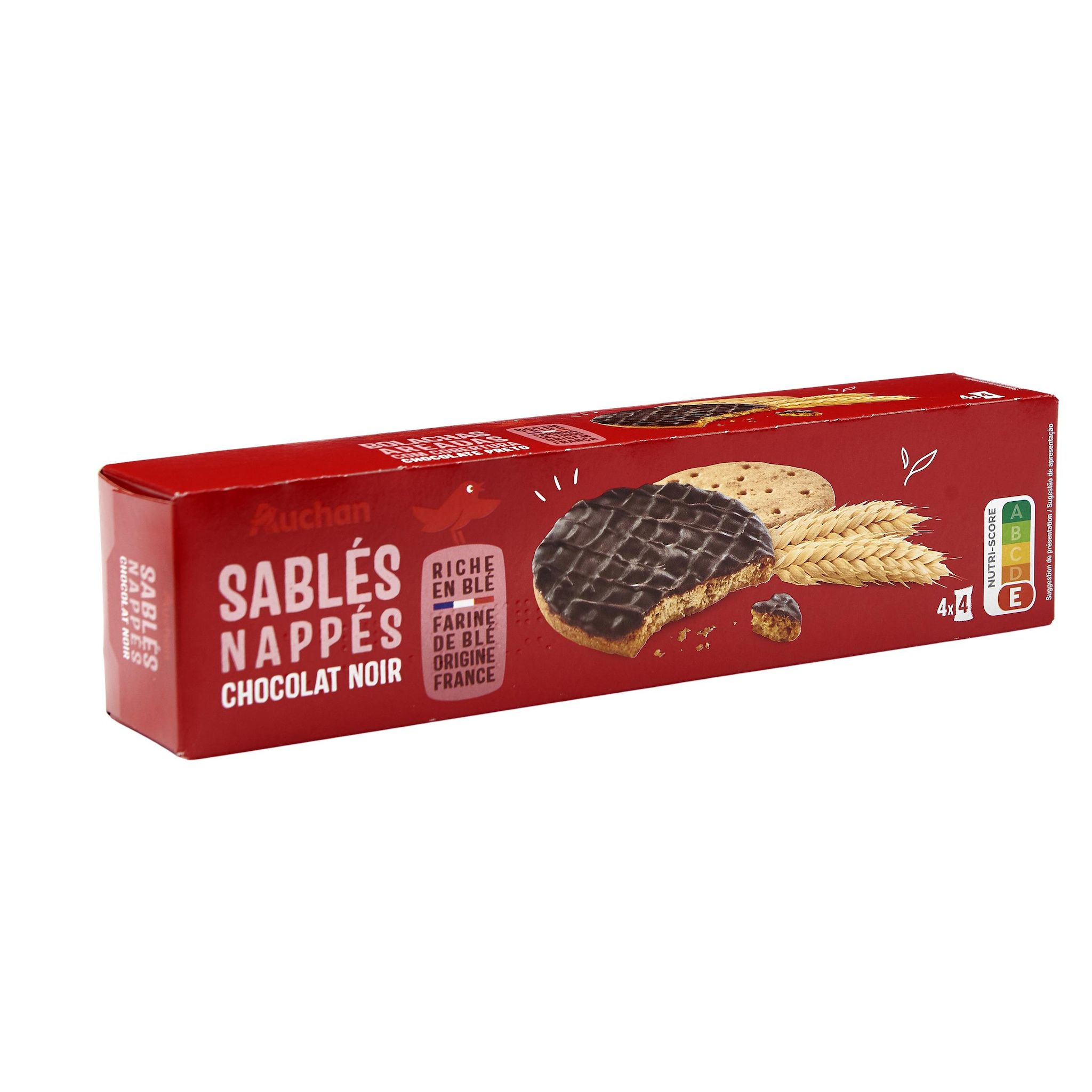 Voir la diapositive 2 : AUCHAN Biscuits sablés nappés de chocolat noir sachets fraîcheur 4x4 biscuits 200g