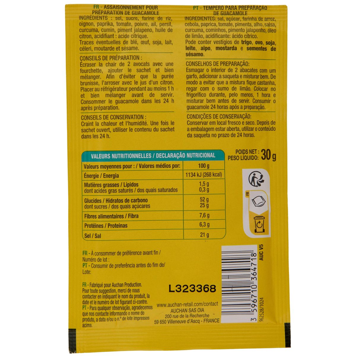 AUCHAN Assaisonnement doux pour guacamole 30g