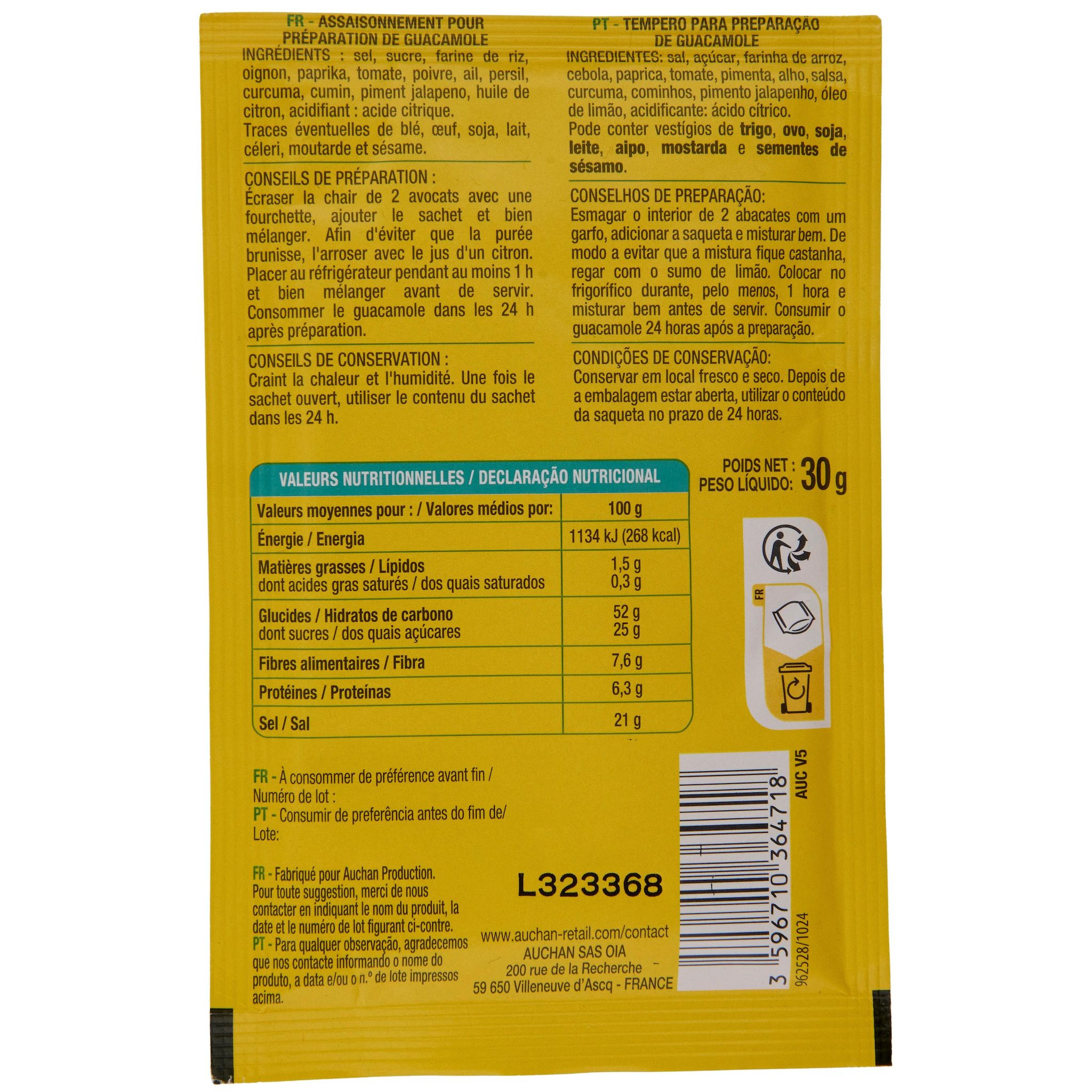 Voir la diapositive 3 : AUCHAN Assaisonnement doux pour guacamole 30g