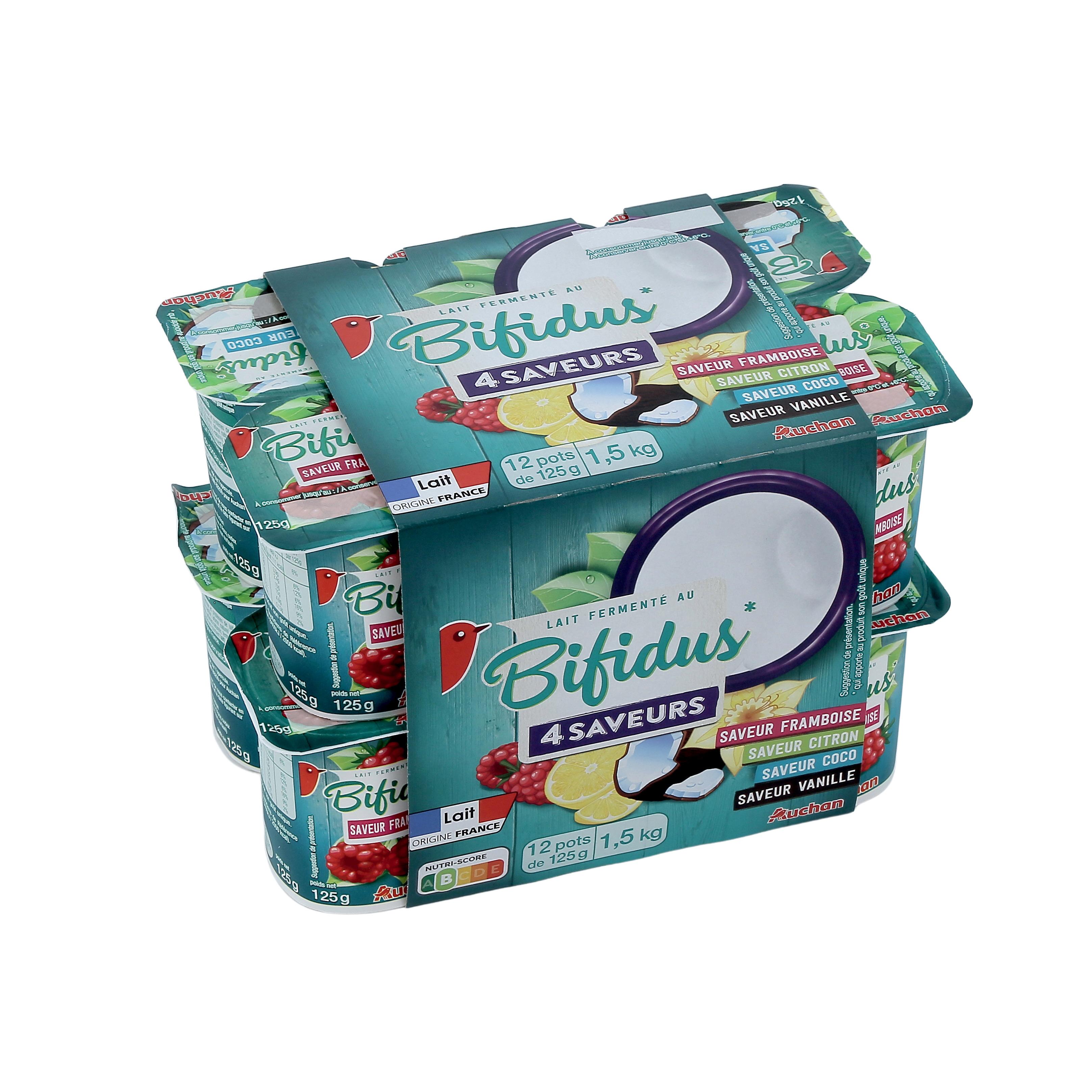Voir la diapositive 2 : AUCHAN Yaourt au bifidus à la framboise, au citron, à la coco et à la vanille 12x125g