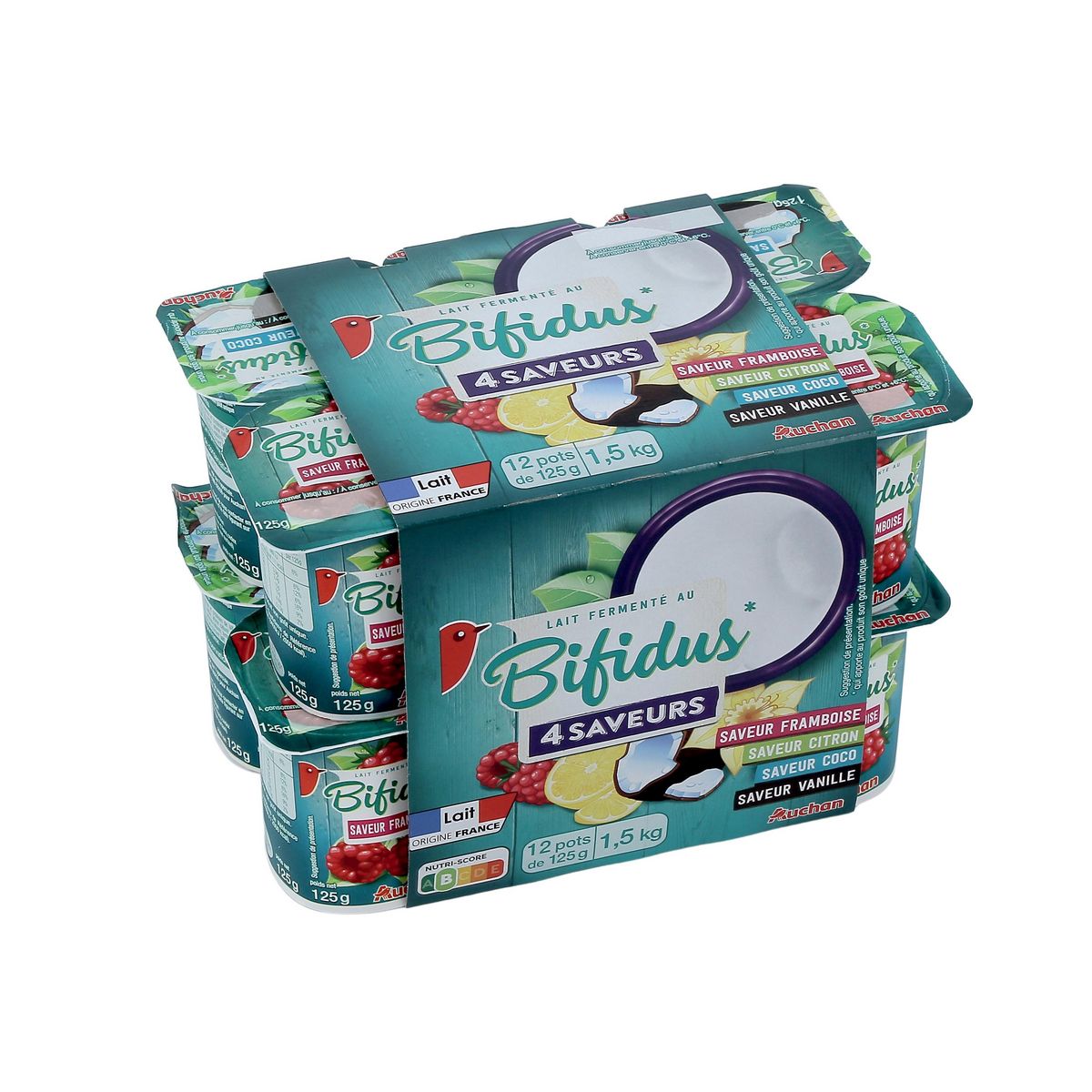 AUCHAN Yaourt au bifidus à la framboise, au citron, à la coco et à la vanille 12x125g