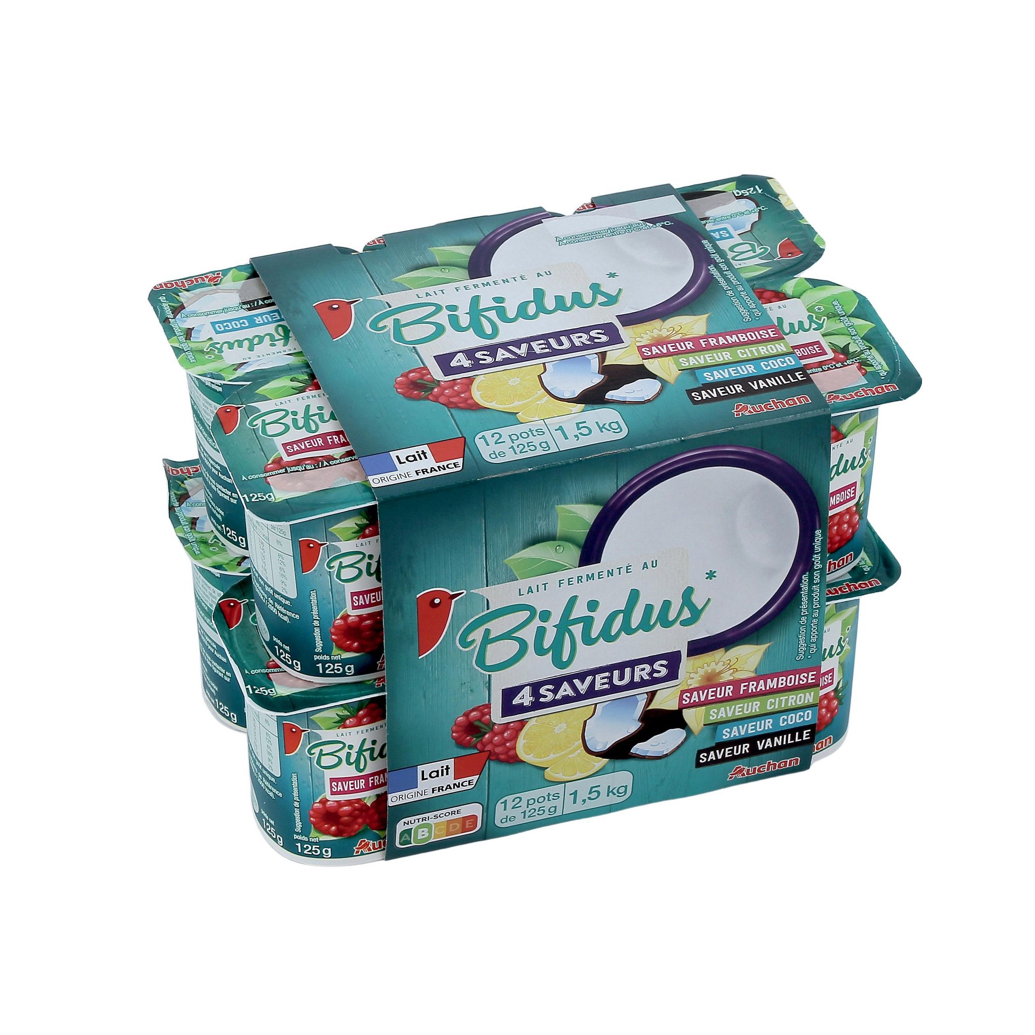 Voir la diapositive 2 : AUCHAN Yaourt au bifidus à la framboise, au citron, à la coco et à la vanille 12x125g