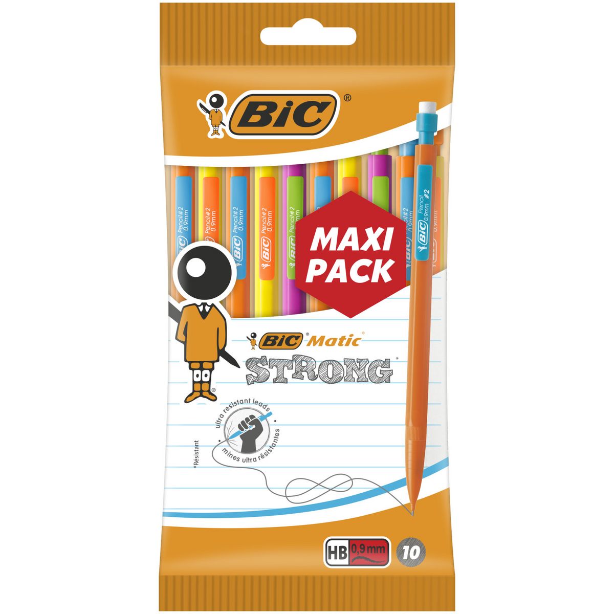 BIC Lot de 10 porte-mines 0.9 mm HB MATIC STRONG jaune/orange/violet