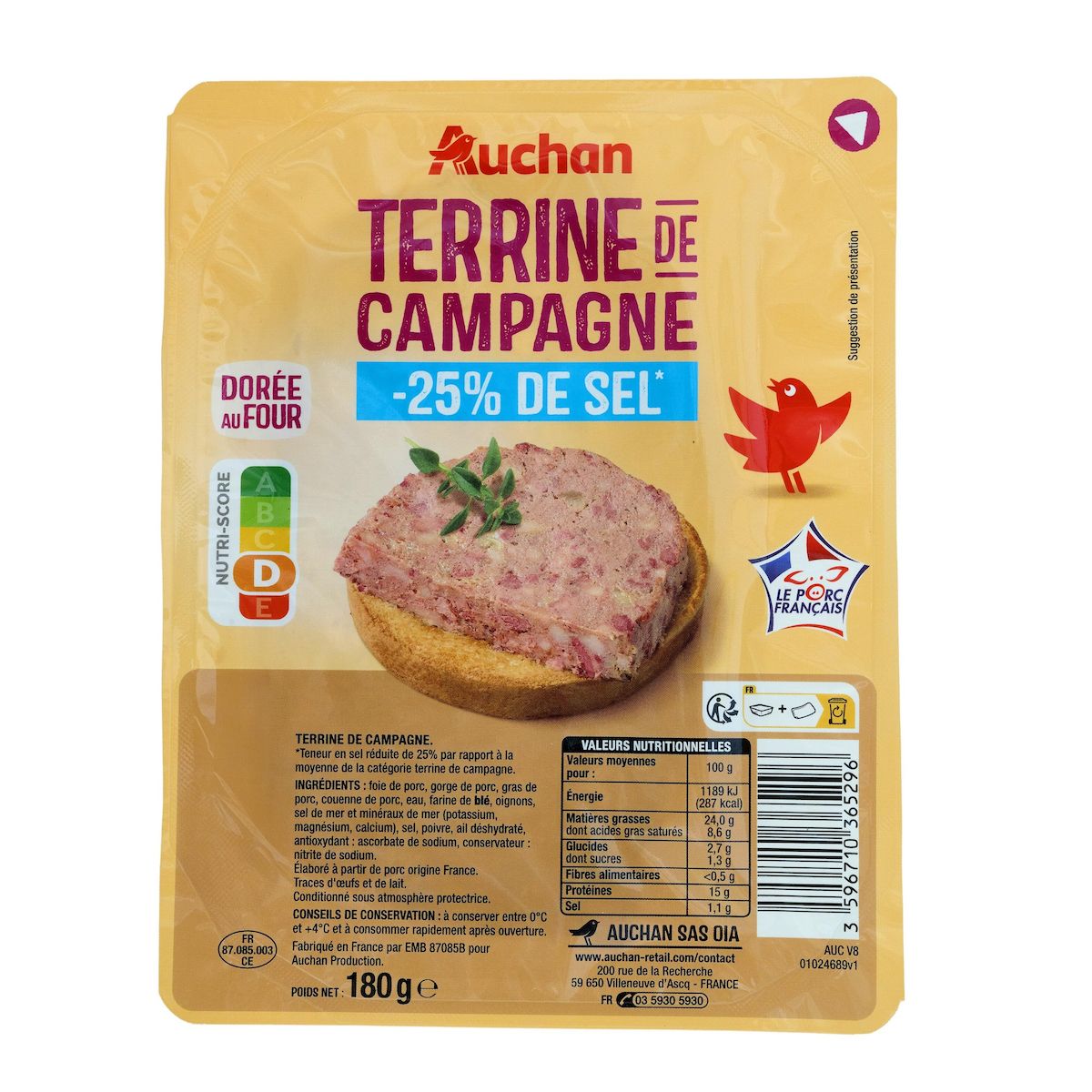 AUCHAN Pâté de campagne réduit en sel 180g