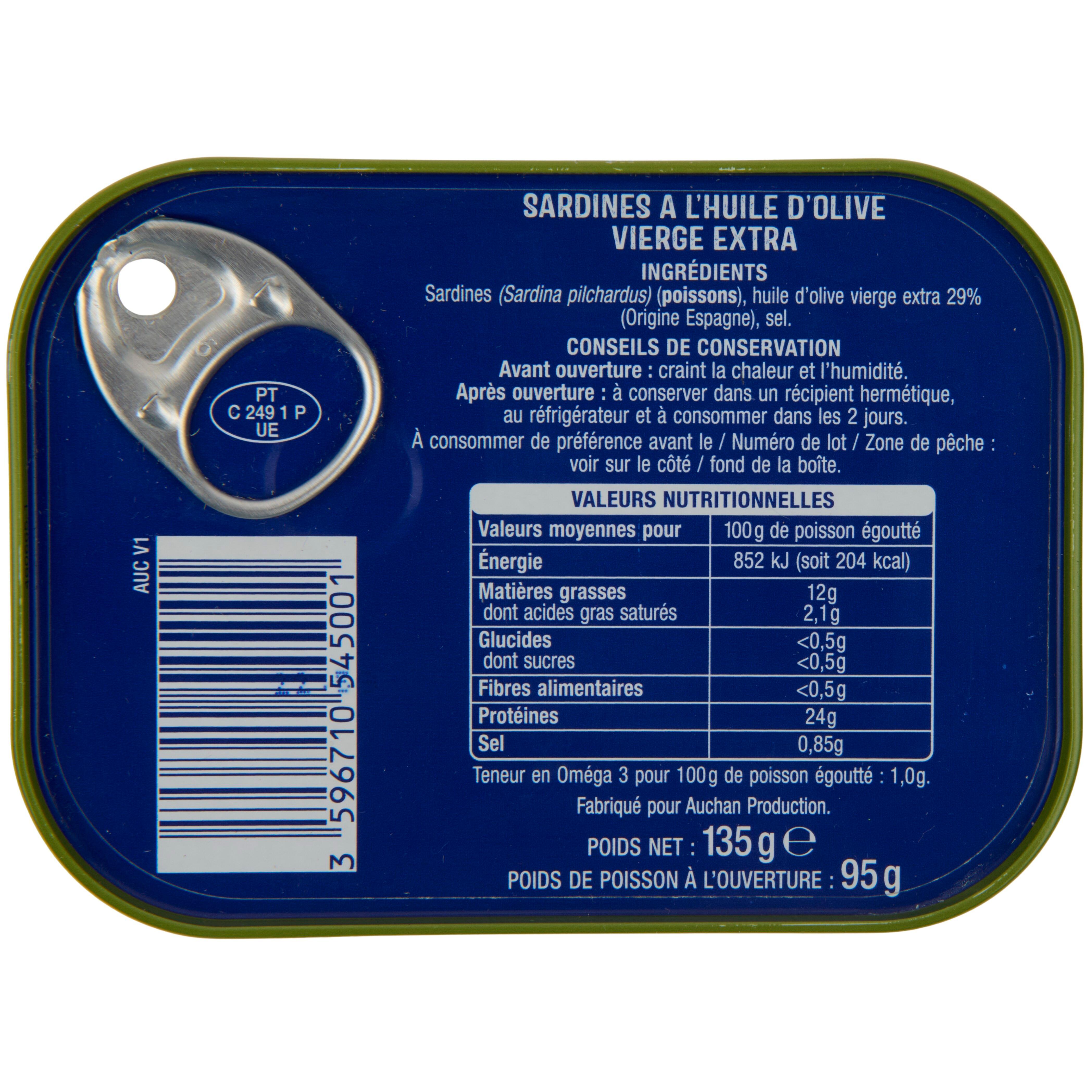 Voir la diapositive 3 : AUCHAN Sardines à l'huile d'olive vierge extra 135g