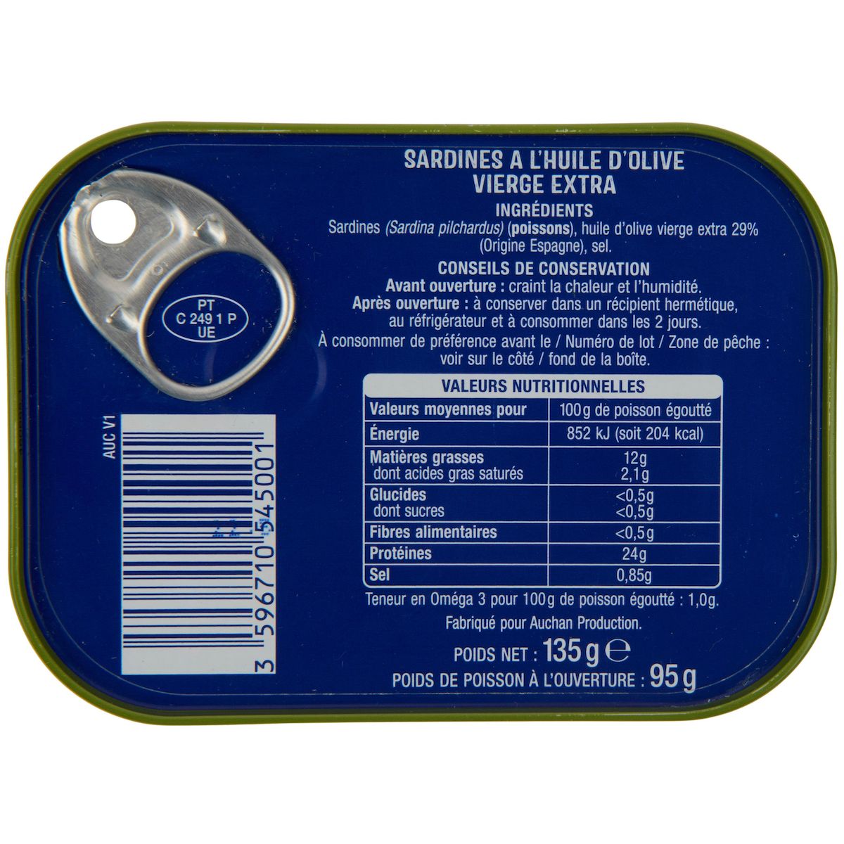 AUCHAN Sardines à l'huile d'olive vierge extra 135g