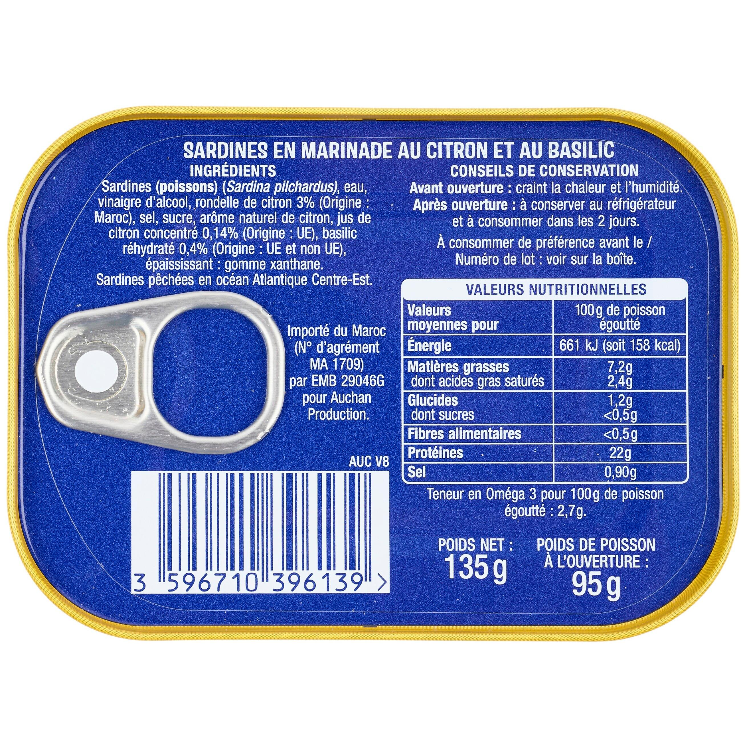 Voir la diapositive 2 : AUCHAN Sardines au citron et basilic sans huile 135g