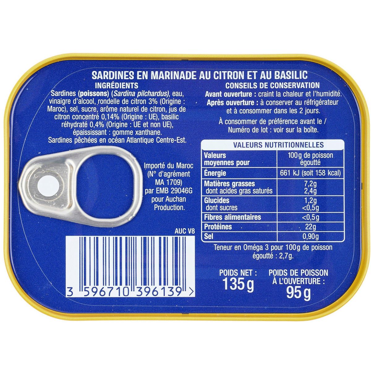 AUCHAN Sardines au citron et basilic sans huile 135g
