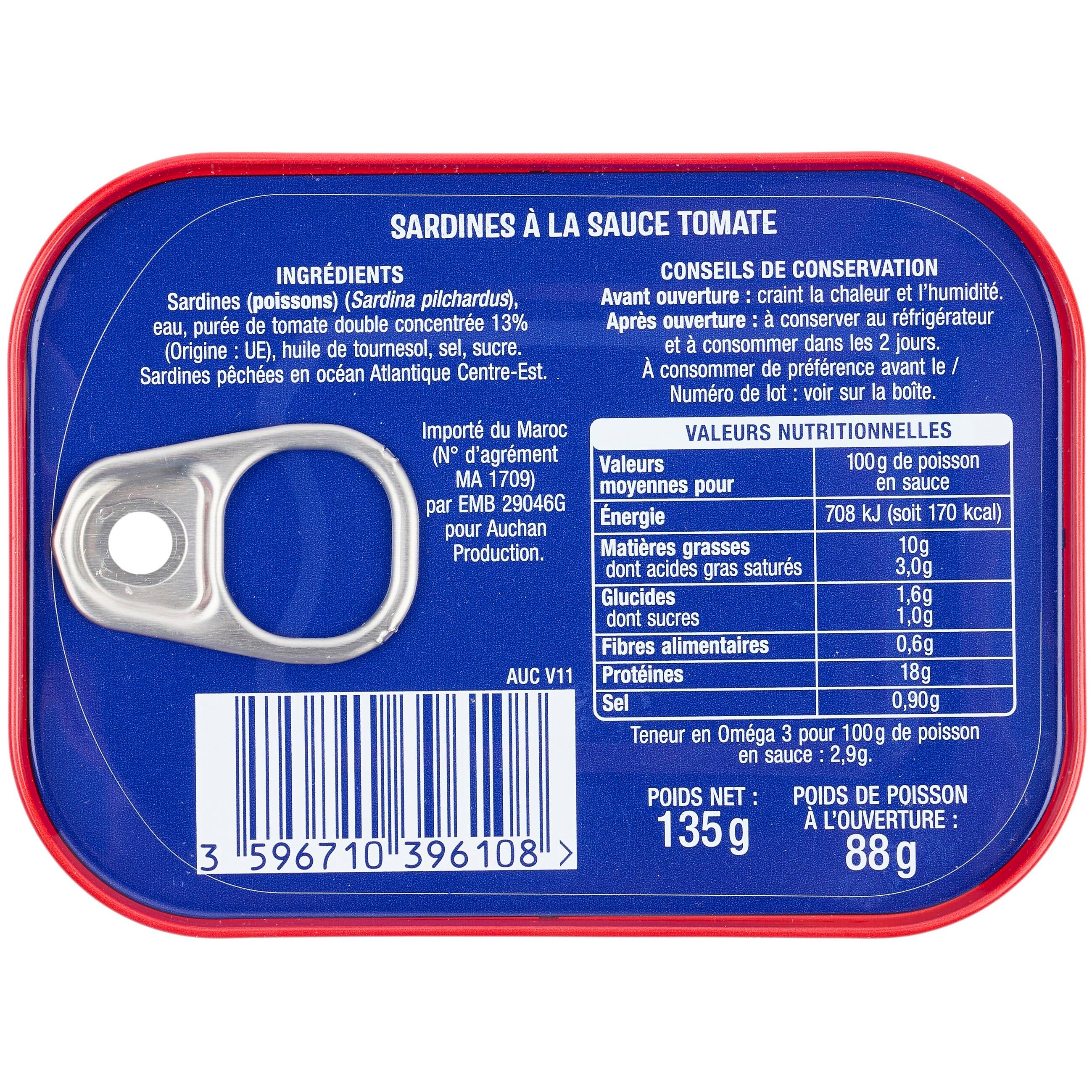 Voir la diapositive 2 : AUCHAN Sardines à la tomate 135g