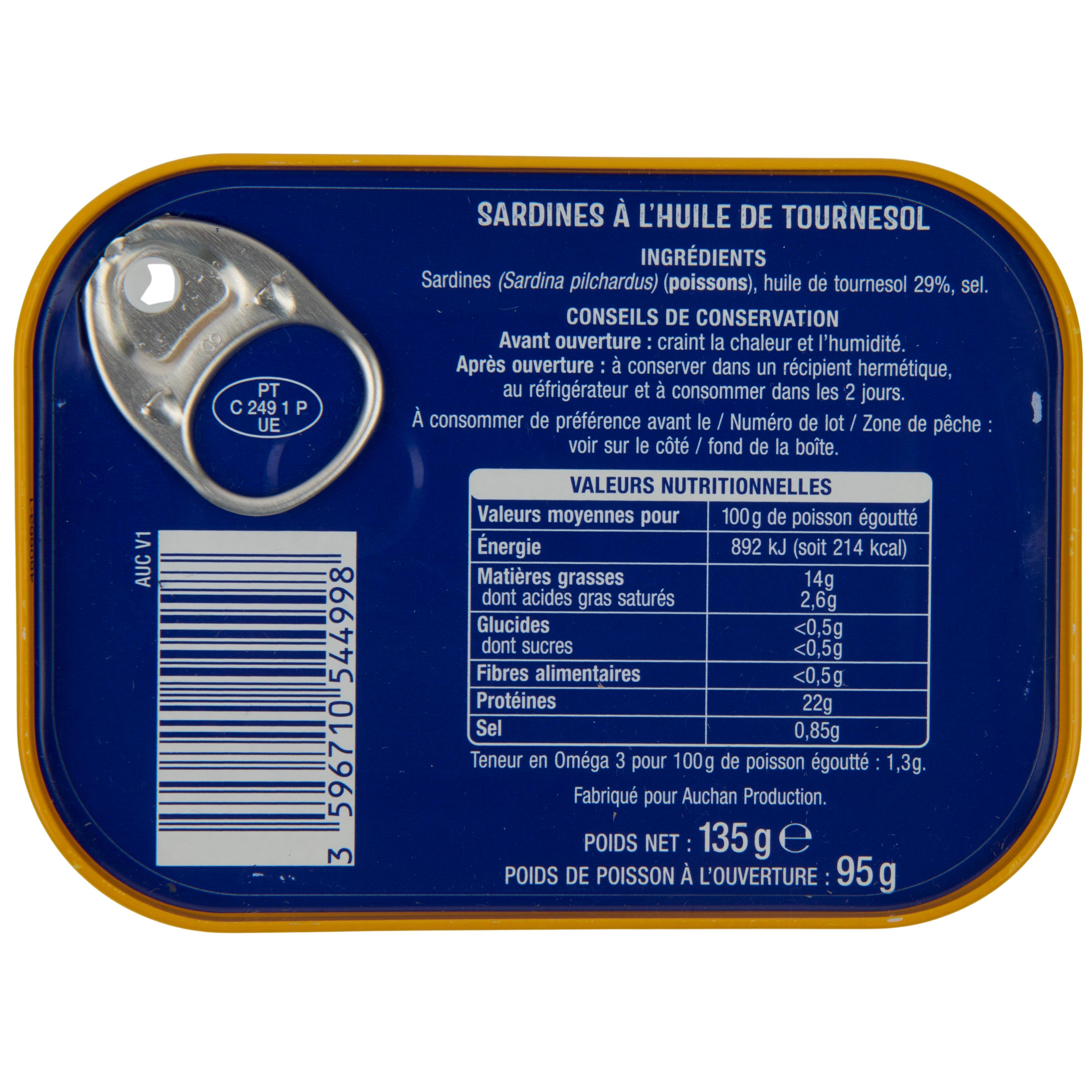 Voir la diapositive 2 : AUCHAN Sardines à l'huile de tournesol 135g