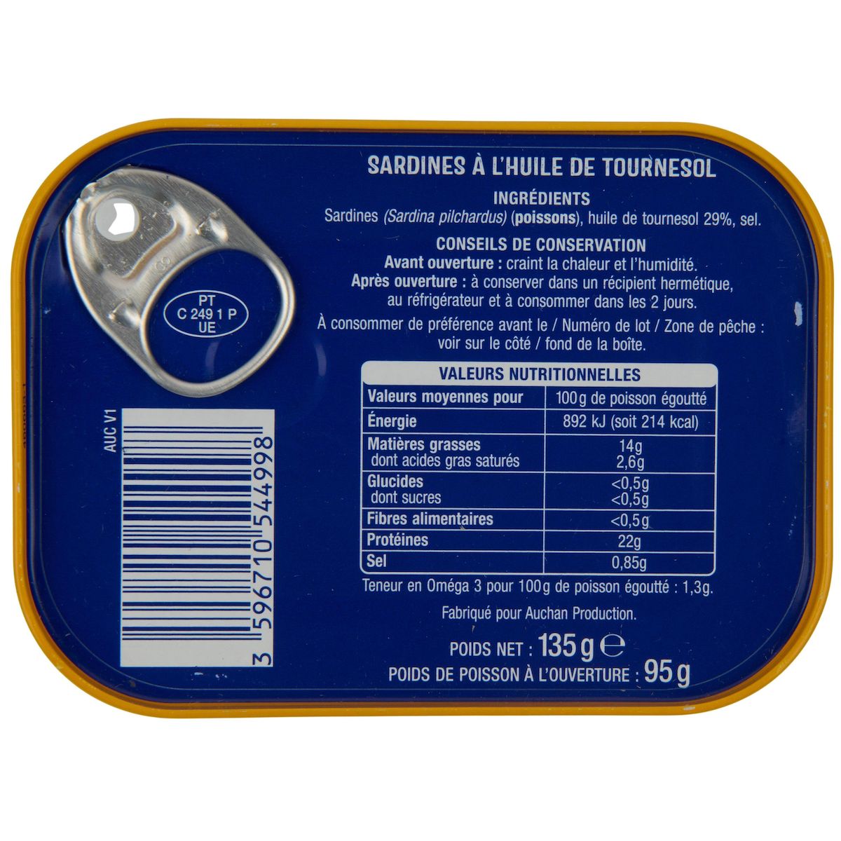 AUCHAN Sardines à l'huile de tournesol 135g