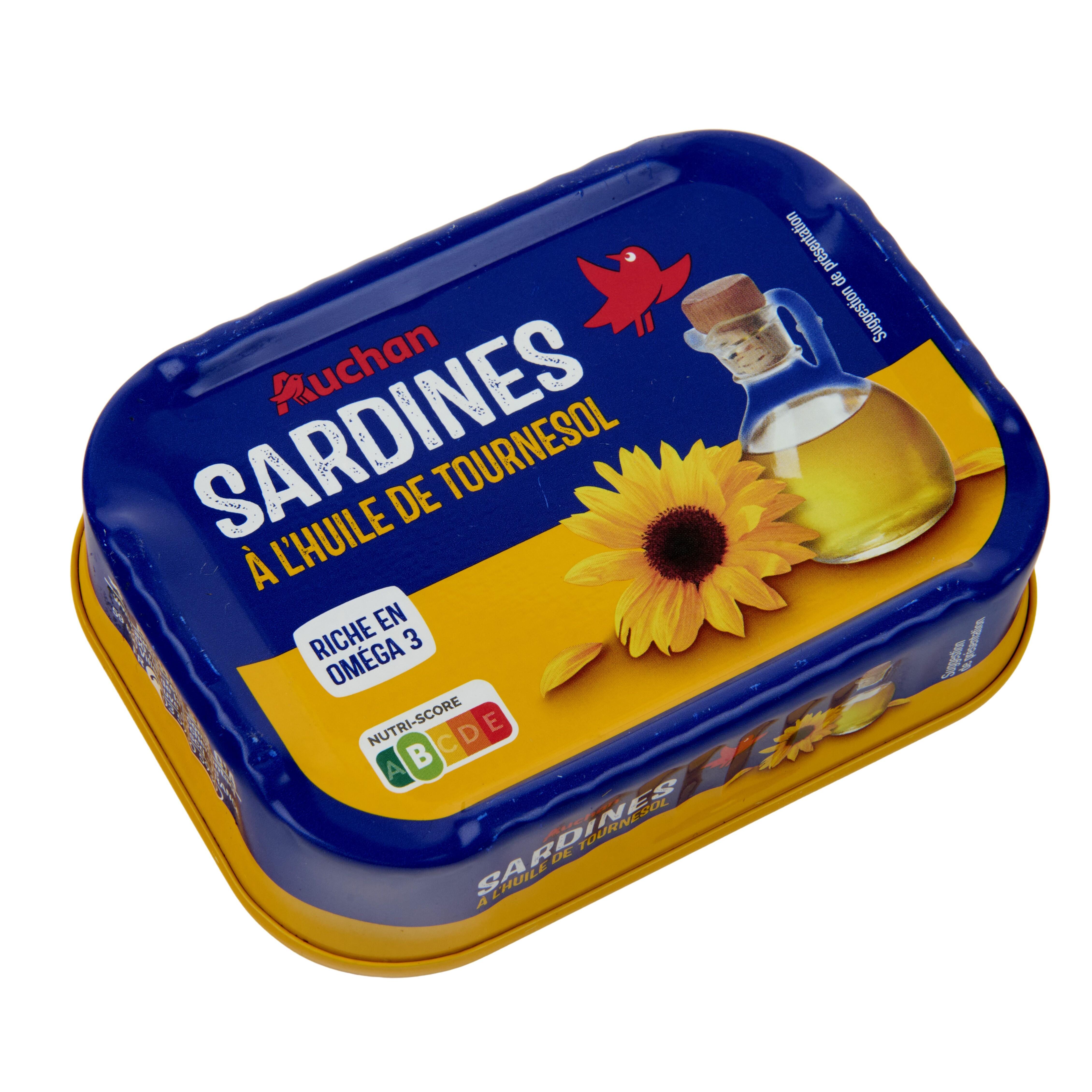 Voir la diapositive 3 : AUCHAN Sardines à l'huile de tournesol 135g