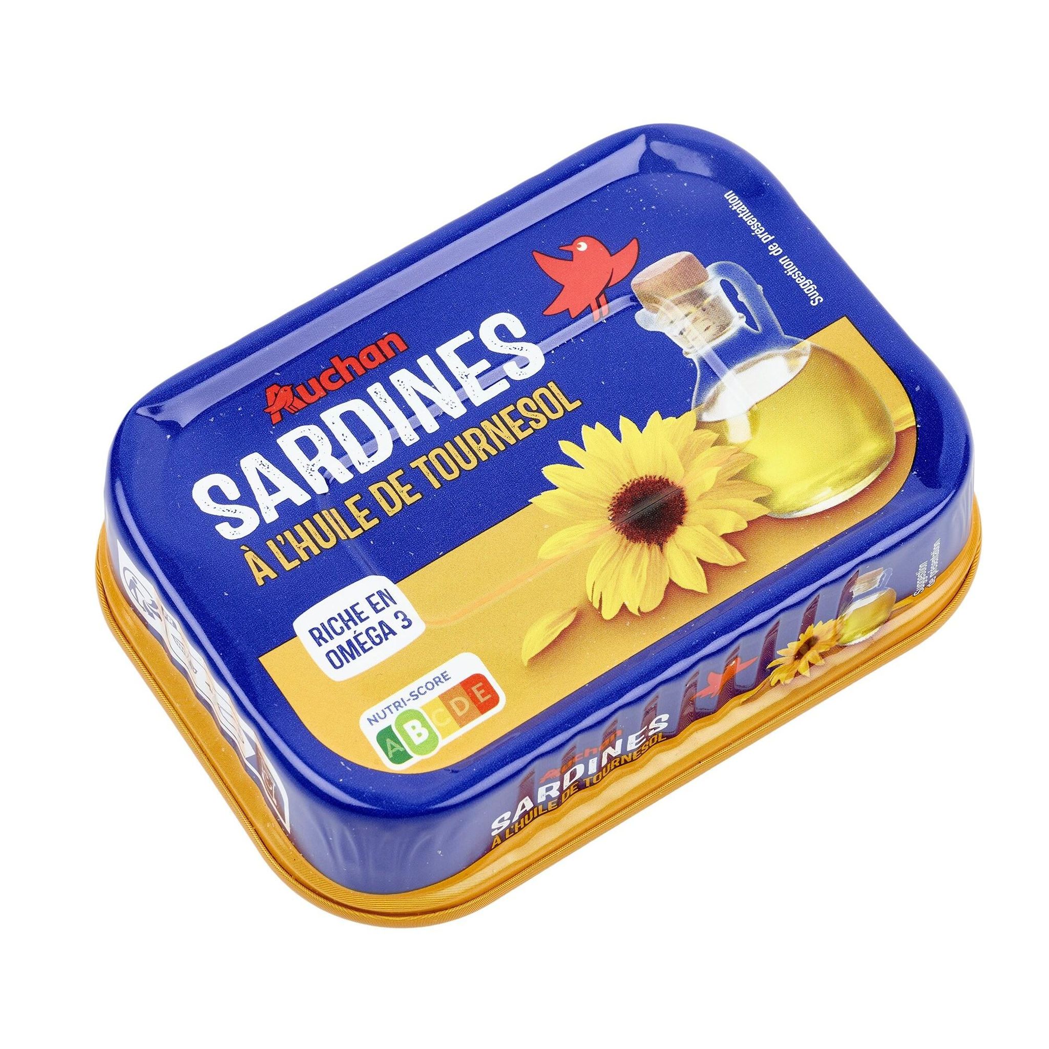 Voir la diapositive 3 : AUCHAN Sardines à l'huile de tournesol 135g