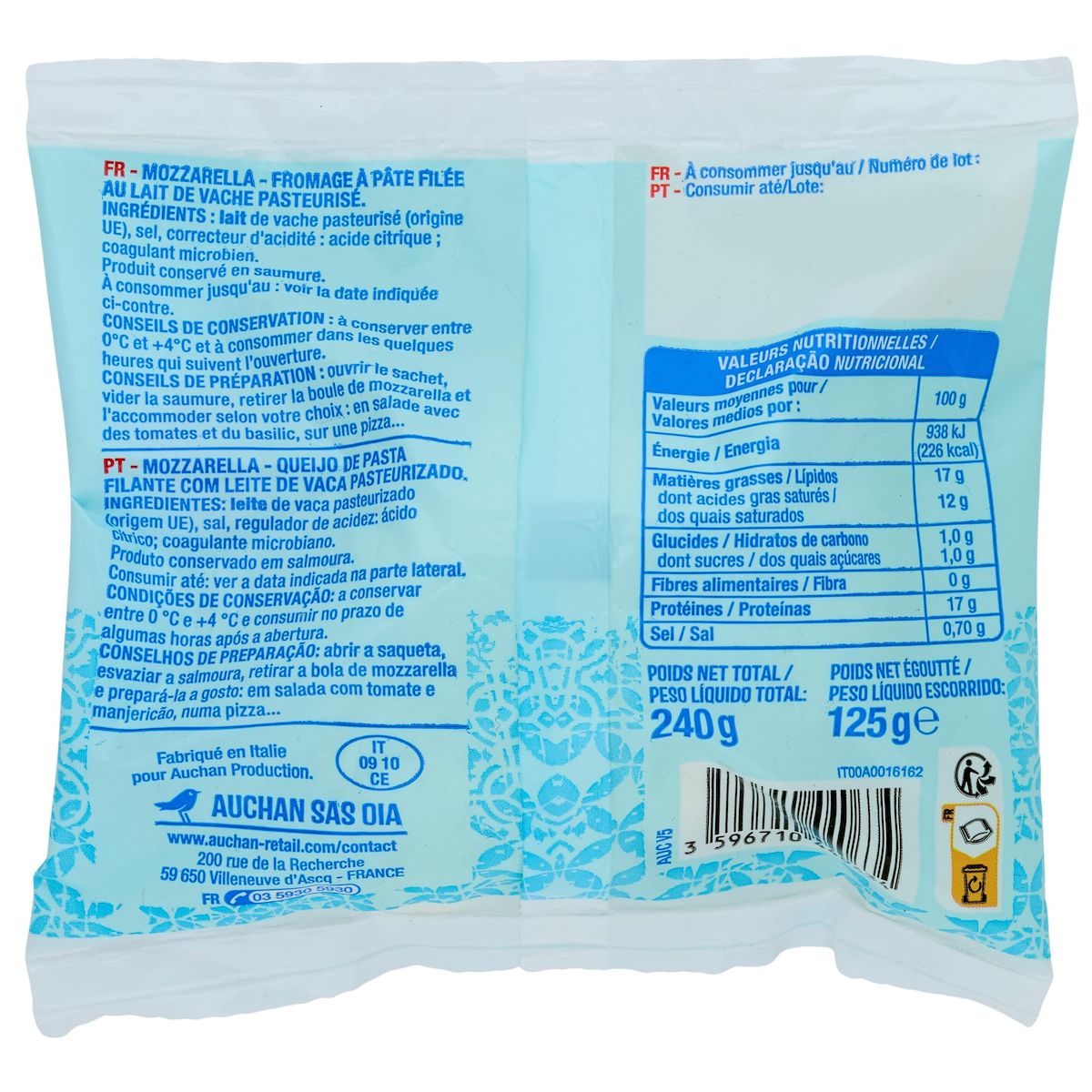 AUCHAN Mozzarella en boule 125g