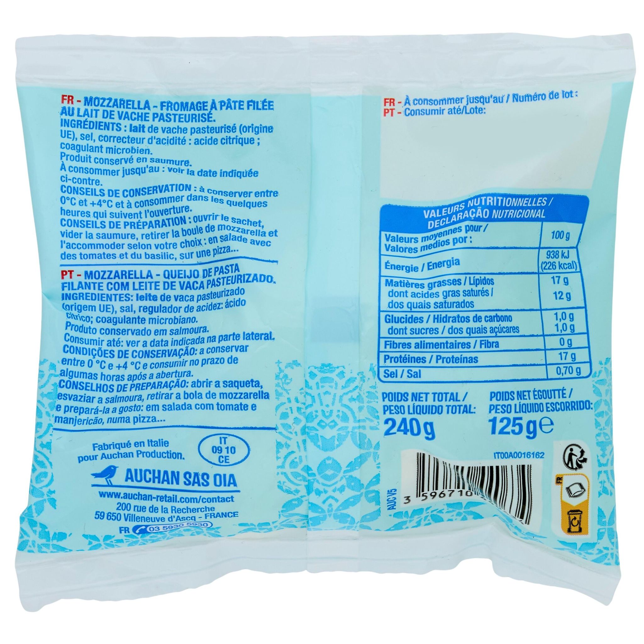 Voir la diapositive 2 : AUCHAN Mozzarella en boule 125g