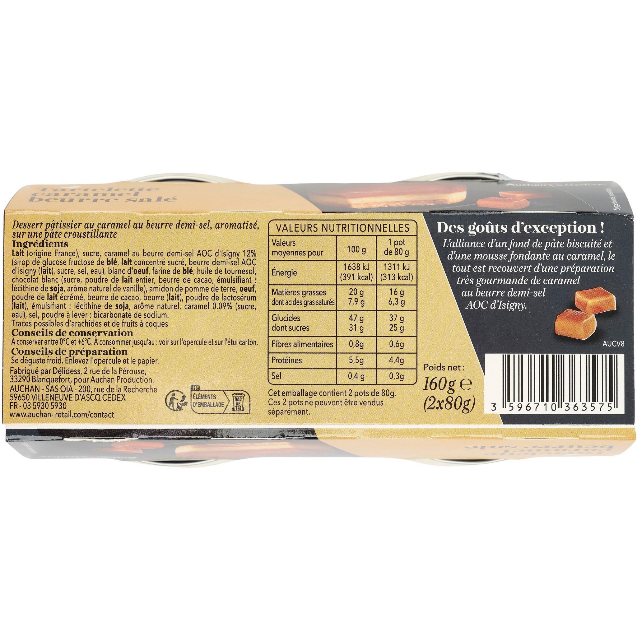 Voir la diapositive 3 : AUCHAN COLLECTION Tarte au caramel au lait 2x80g